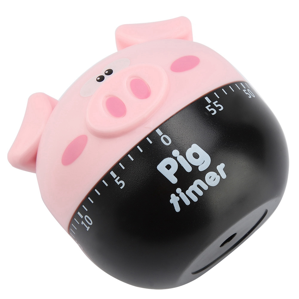 Ein rosa schweineförmiger Küchentimer mit schwarzem Sockel. Es hat ein Gesicht, Ohren und ein Timer-Zifferblatt. Die Worte 'Pig timer' sind darauf geschrieben.