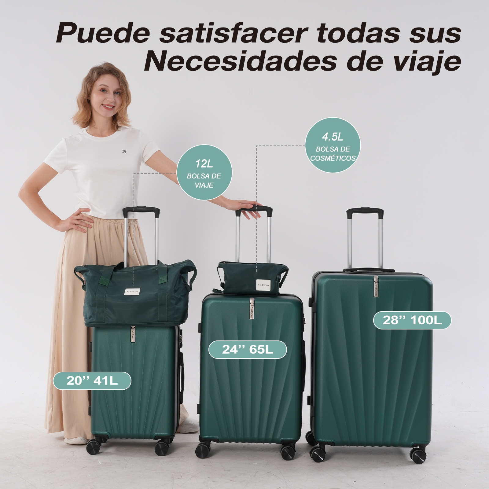 Una mujer está junto al equipaje. Hay tres maletas verdes. Una tiene una bolsa encima. El texto dice: Puede satisfacer todas sus Necesidades de viaje.
