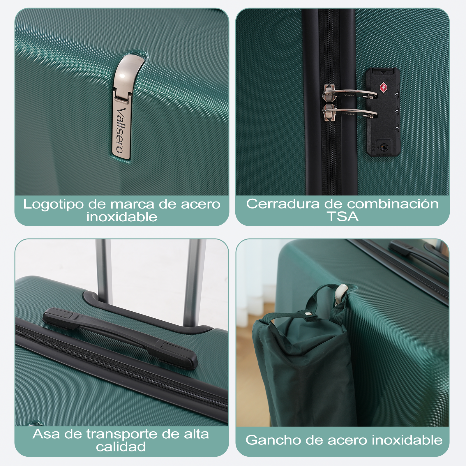 Primeros planos de una maleta verde muestran logotipo de metal, cerradura de combinación, asa y gancho. Cada parte se destaca con texto.