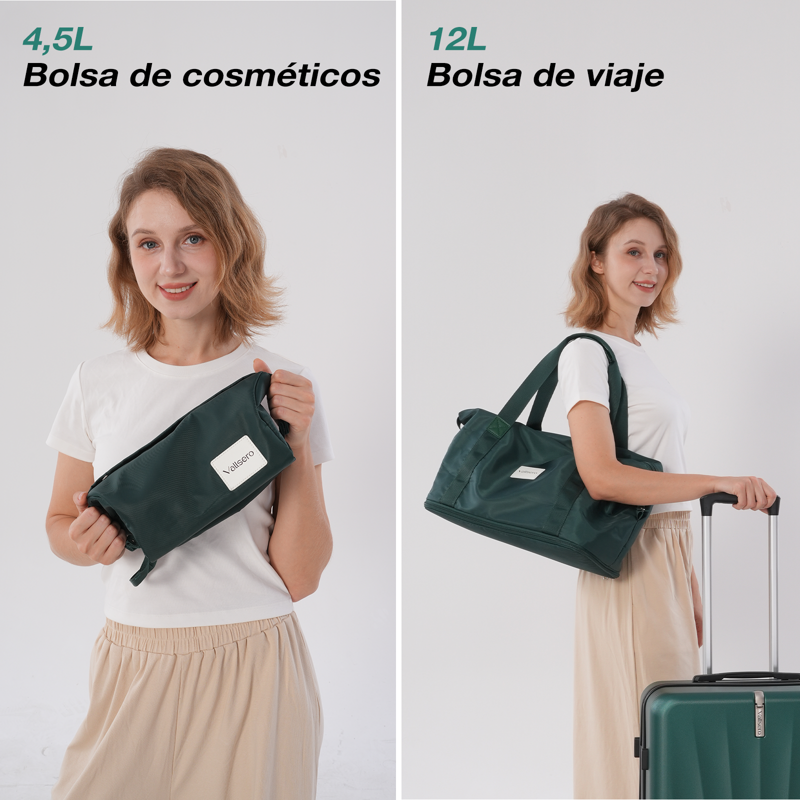 Una mujer sostiene un neceser verde y una bolsa de viaje. Ambas bolsas son verde oscuro. Está cerca de una maleta verde.