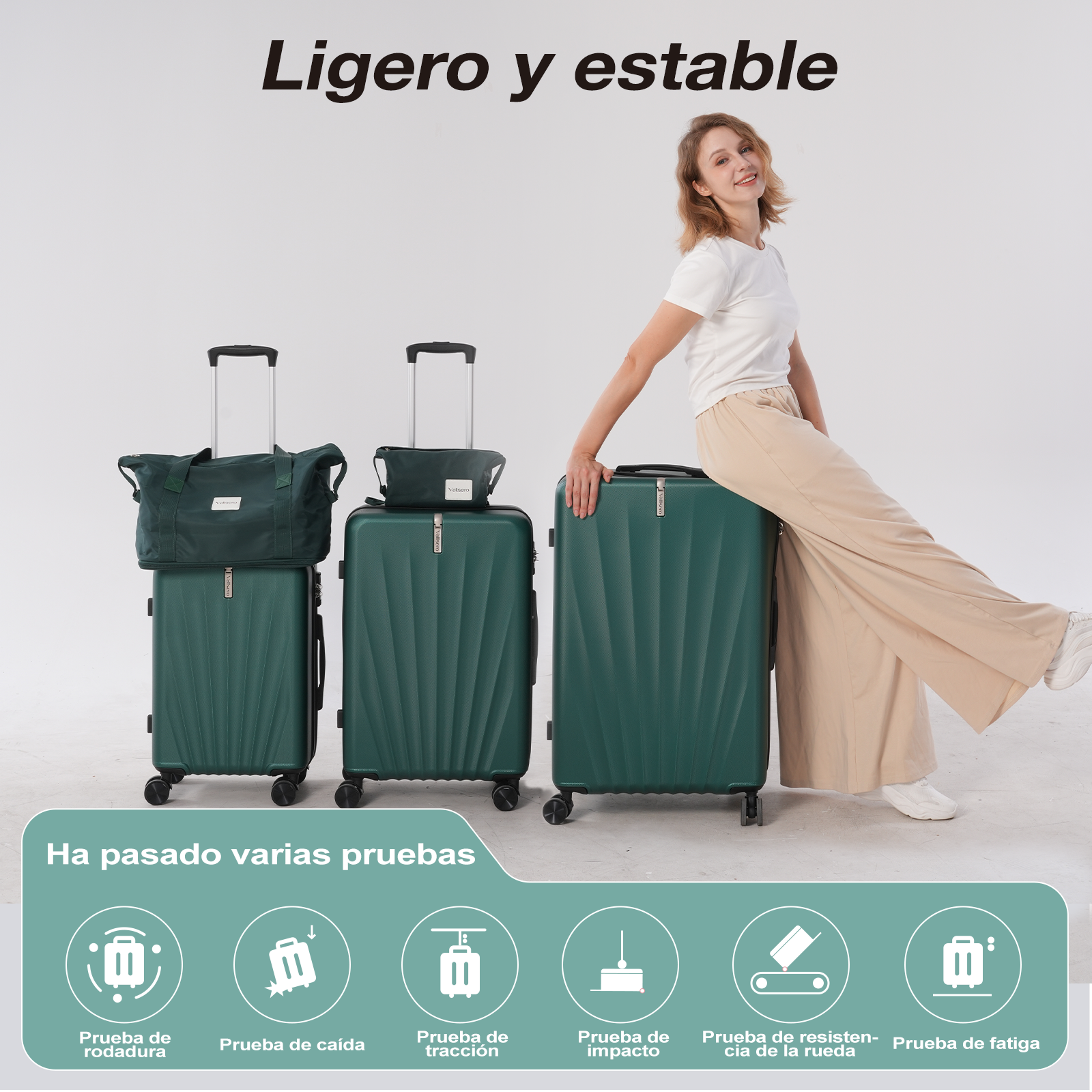 Una mujer se sienta en una maleta verde. Hay otras maletas y bolsos cerca. El texto dice 'Ligero y estable' y 'Ha pasado varias pruebas'.