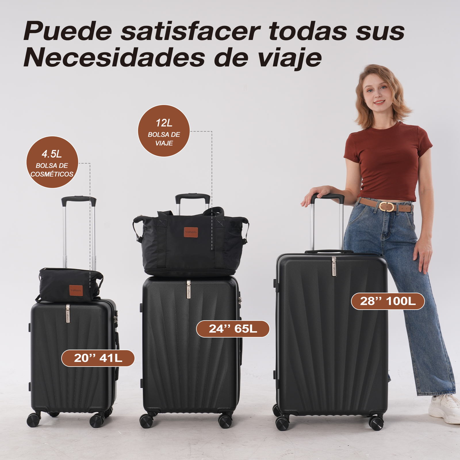 Mujer con maletas de diferentes tamaños. El texto dice: Puede satisfacer todas sus necesidades de viaje.