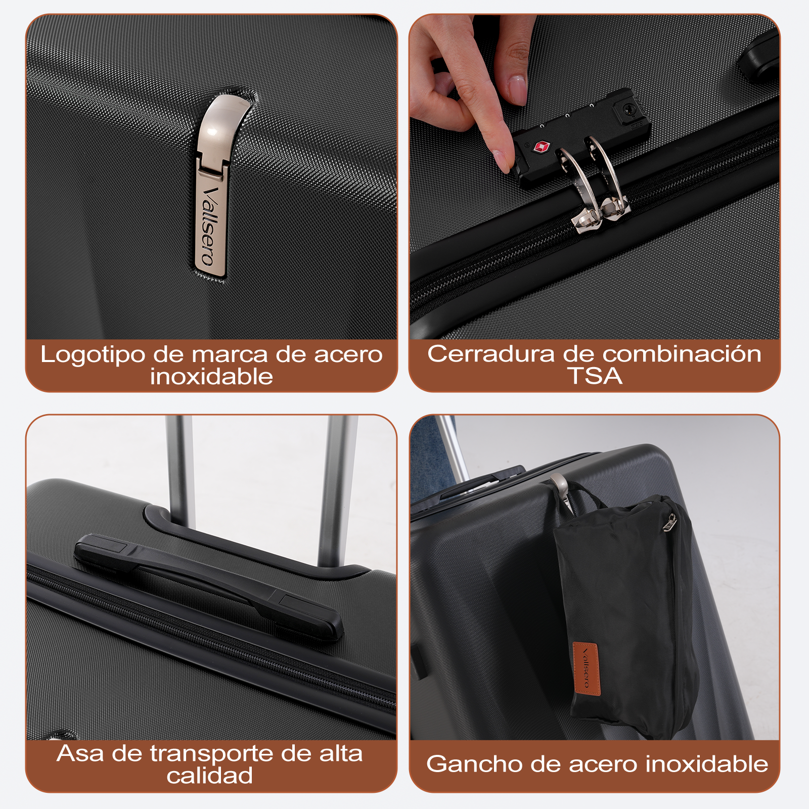 Primeros planos de una maleta negra con detalles como logotipo de acero, cerradura TSA, asa y gancho de acero.