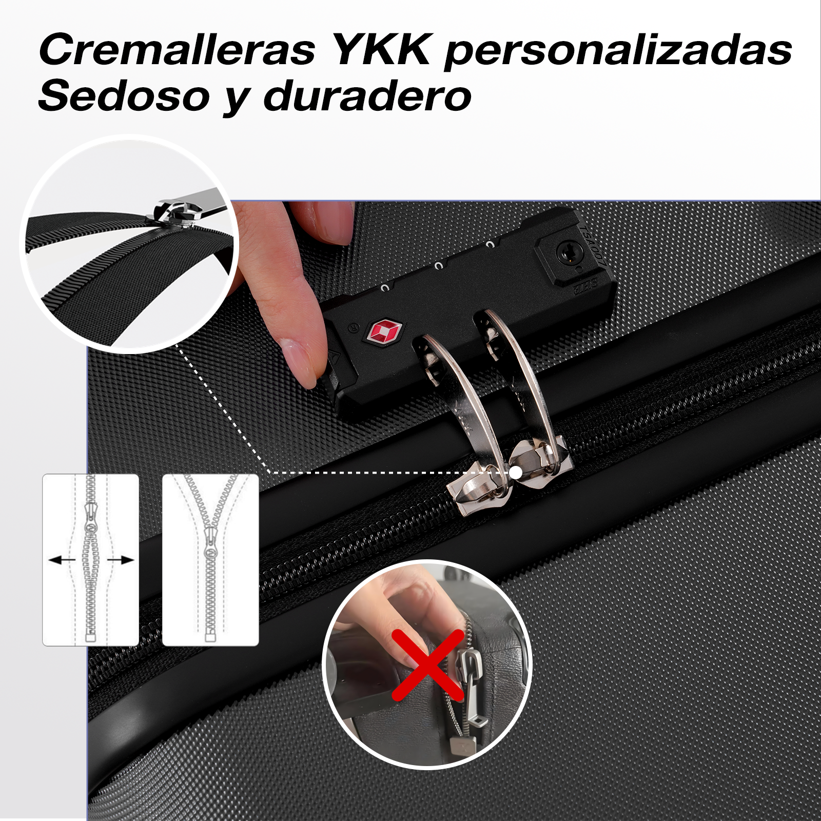 La imagen muestra una cremallera de maleta con cerradura TSA. Primeros planos muestran detalles de la cremallera, una mano interactuando con la cerradura.