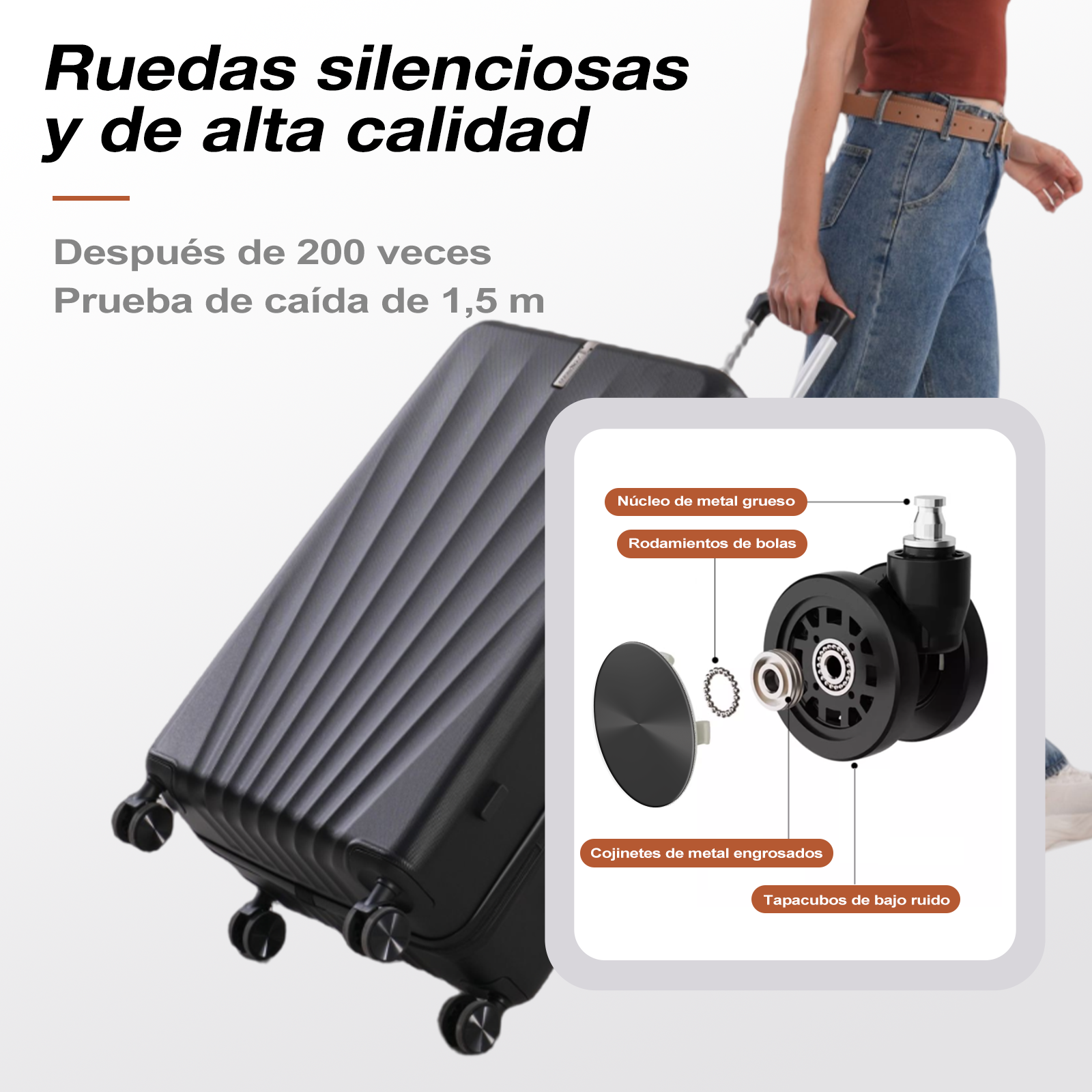 Maleta negra con ruedas silenciosas. Una persona sostiene el asa. Se muestran partes de la rueda. El texto indica calidad y prueba de caída.