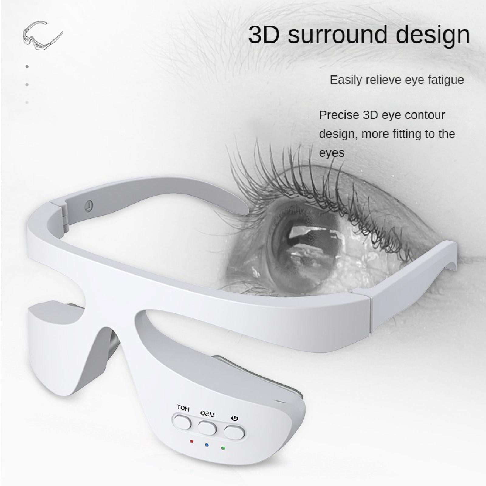 Ein weißes Augenmassagegerät auf grauem Hintergrund. Der Text lautet "3D Surround Design" und "Lindert leicht Augenmüdigkeit."