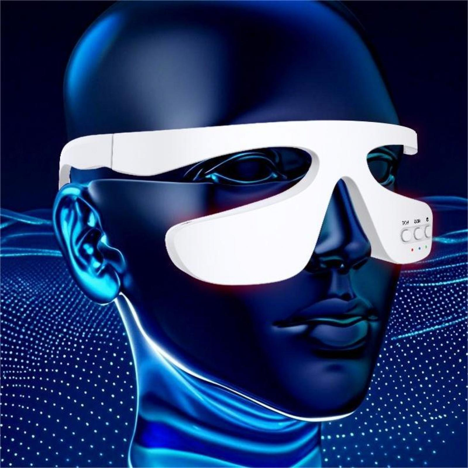 Ein blau stilisierter Gesicht trägt eine weiße Augenmassagebrille. Der Hintergrund hat blaue Wellen und weiße Punkte.