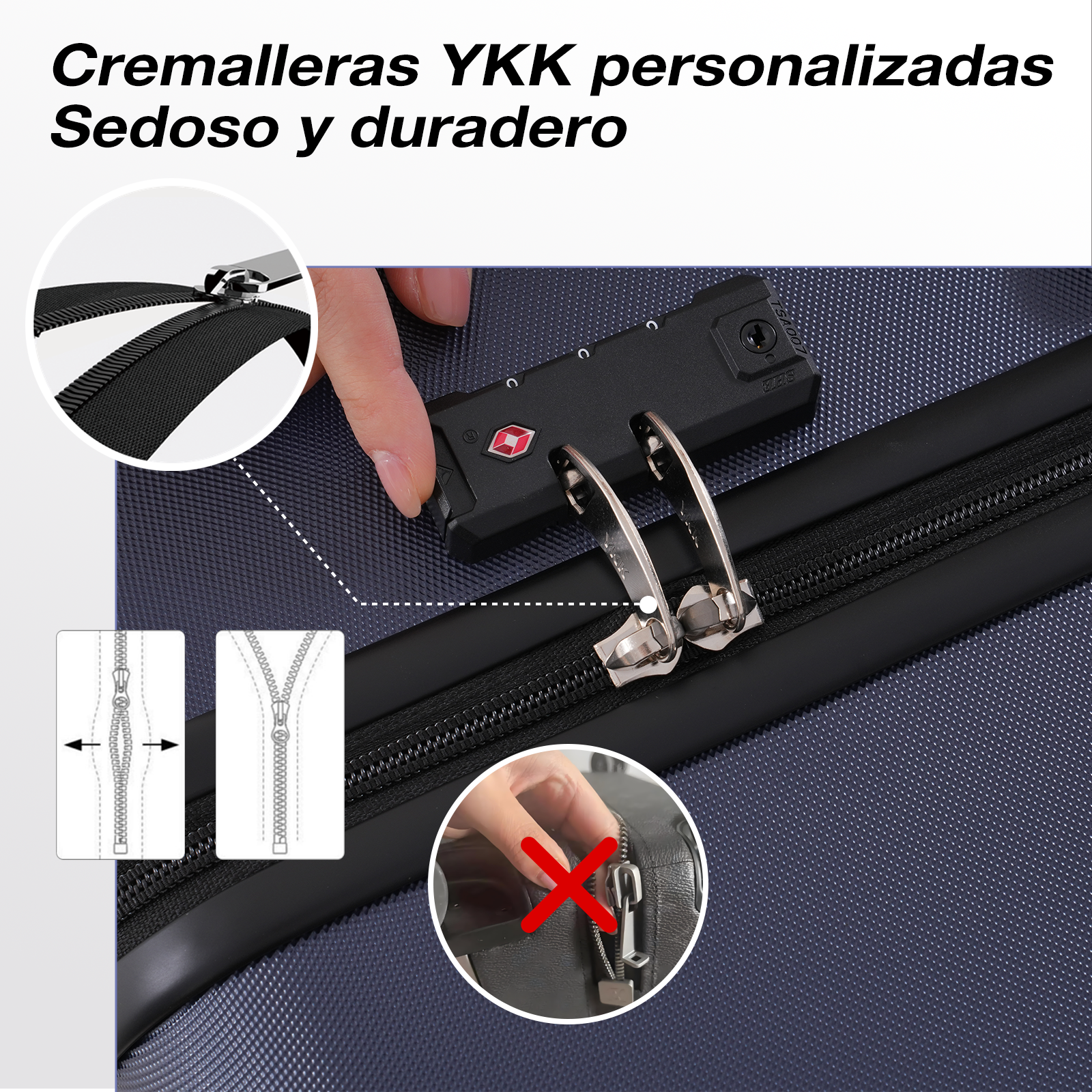 Primer plano de cerradura y cremallera de maleta. Muestra cremalleras YKK y detalles de la cerradura. Incluye diagramas.