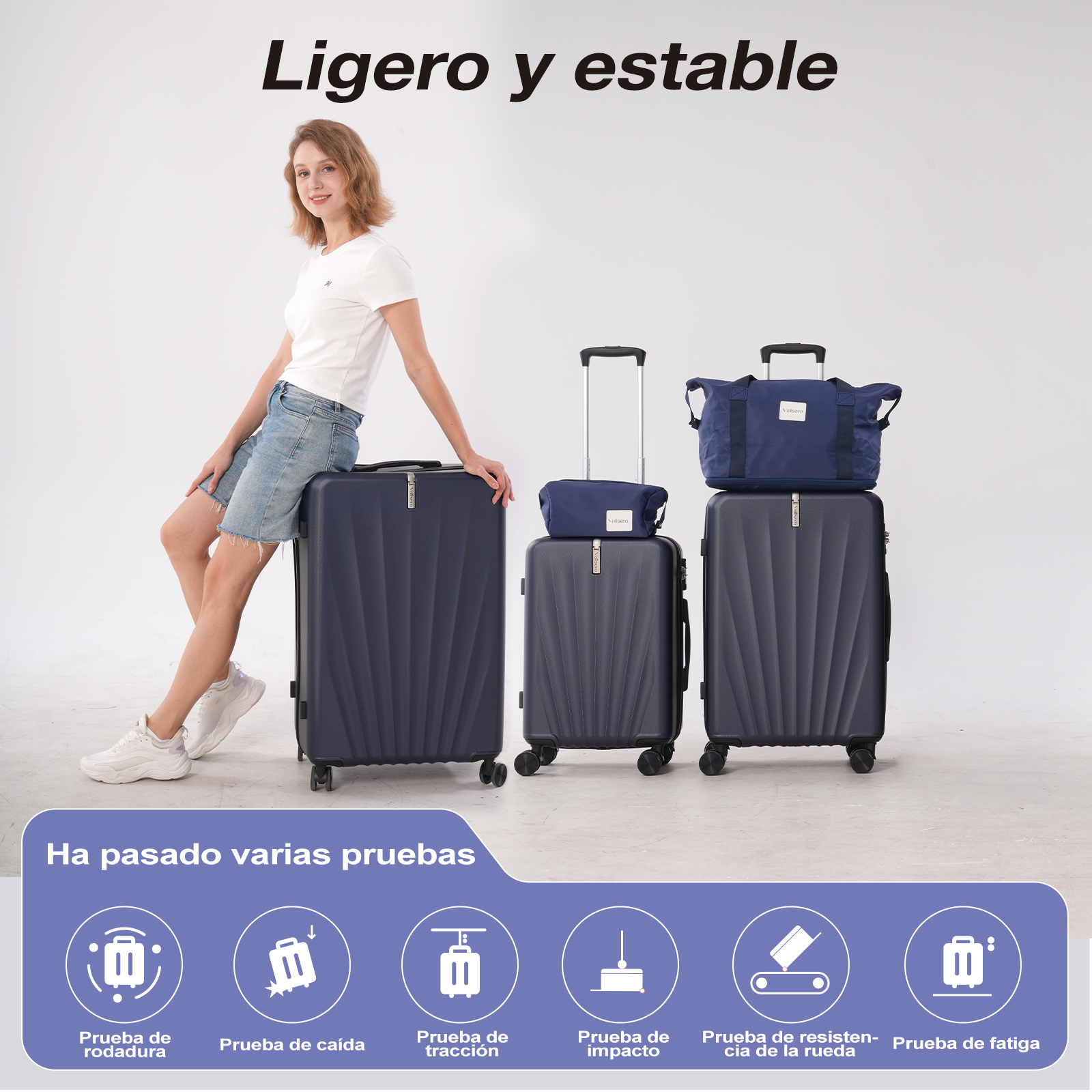Mujer se apoya en maletas azules. Se muestran tres maletas y una bolsa de viaje. El texto dice 'Ligero y estable'.