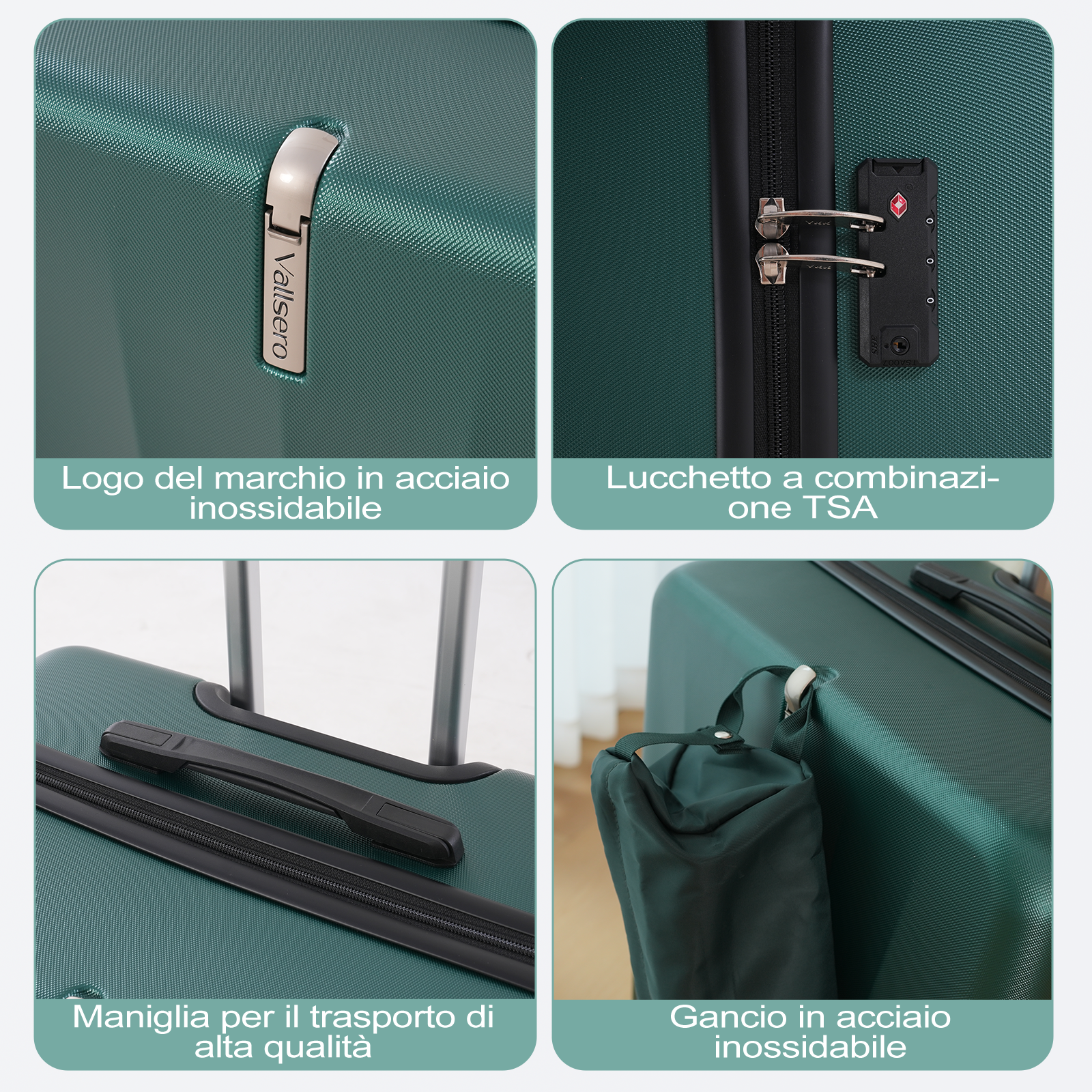 Una valigia con dettagli: logo, serratura TSA, maniglia e gancio. Tutti gli elementi sono su una superficie verde acqua strutturata.