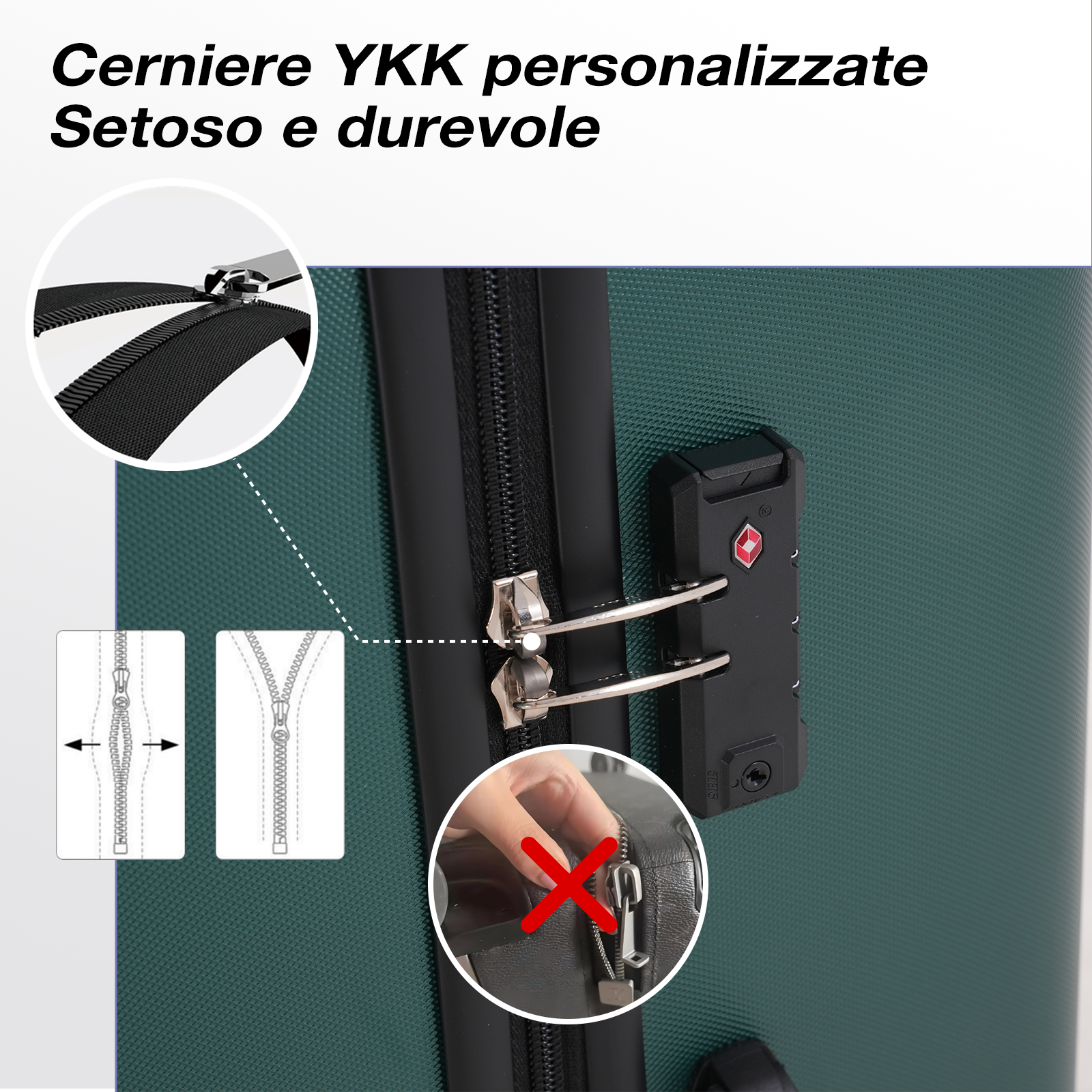 Primo piano di un bagaglio. Mostra cerniera, lucchetto e diagrammi. Testo: 'Cerniere YKK personalizzate, lisce e durevoli'.