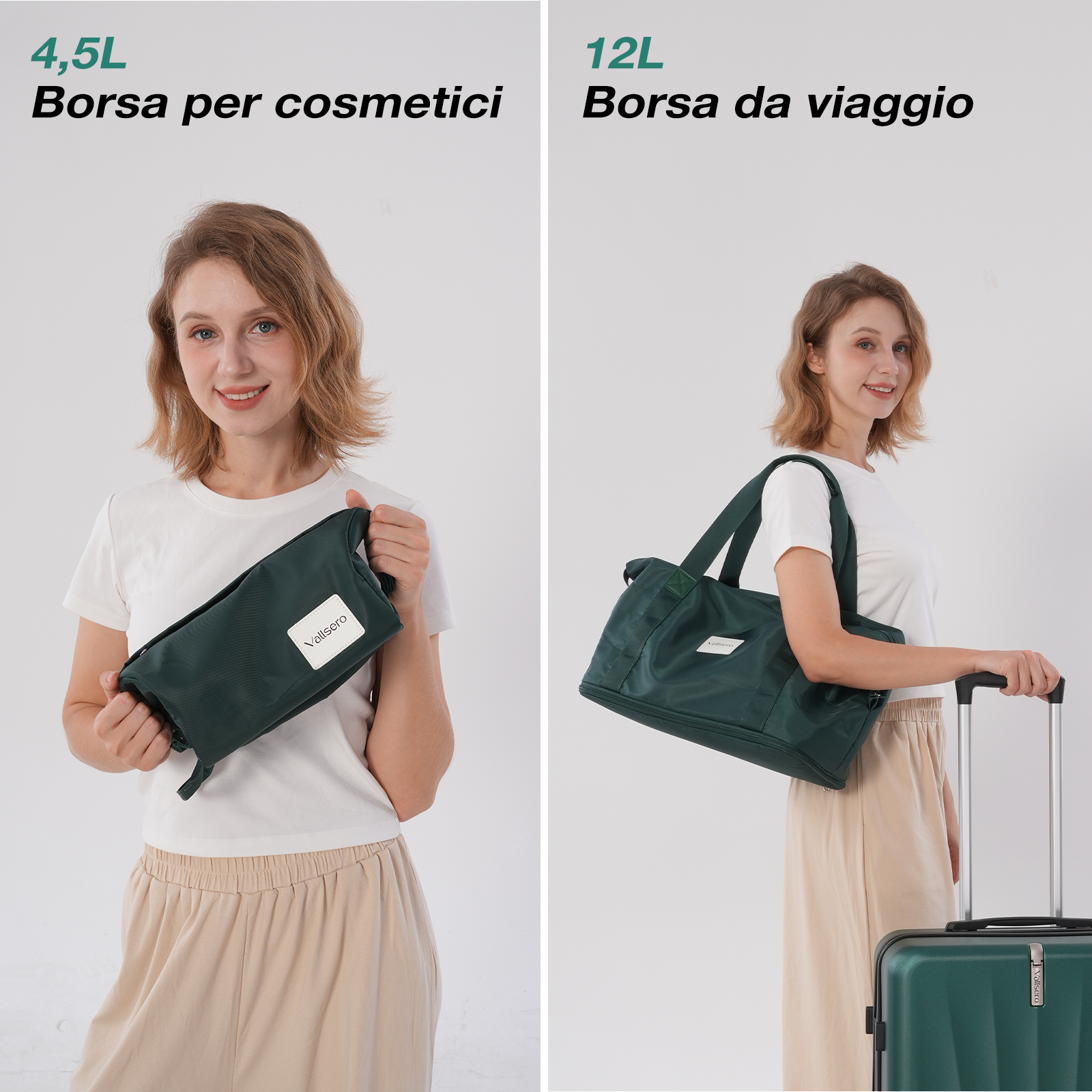Una donna tiene in mano una trousse verde scuro e una borsa da viaggio con una valigia. Entrambe le borse hanno un'etichetta bianca.