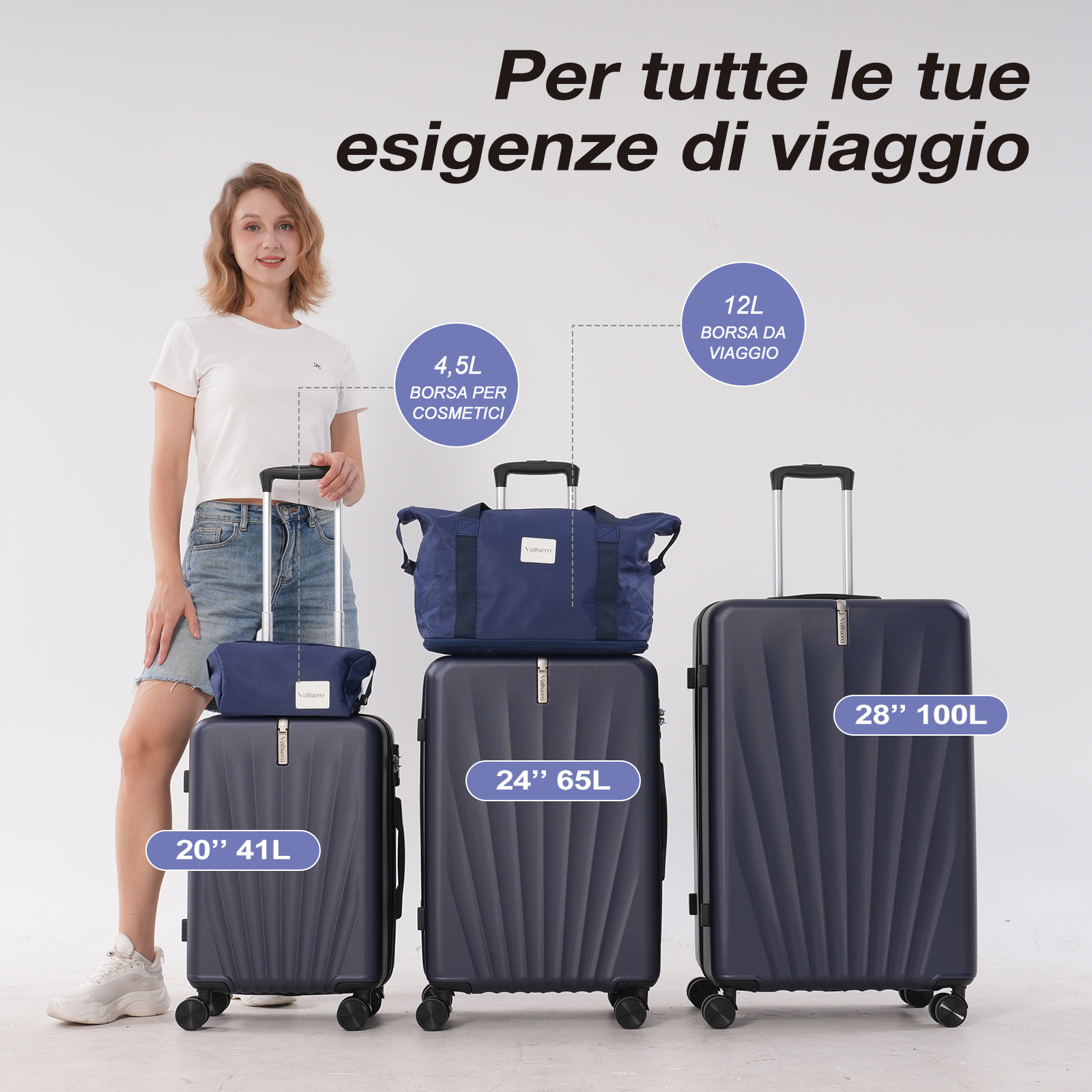 Donna con bagagli, tra cui un beauty case, una borsa da viaggio e tre valigie blu navy.