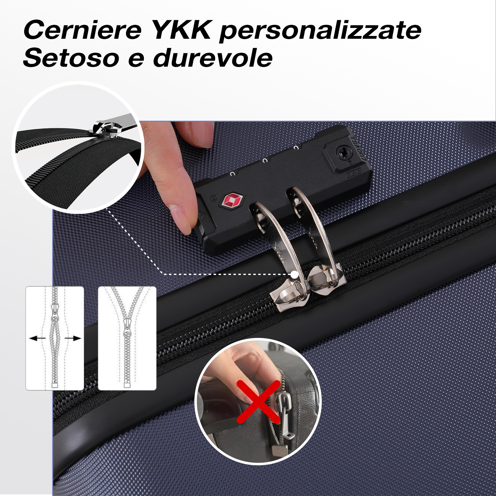 L'immagine mostra una cerniera di una valigia, una serratura e dettagli YKK. Una mano tocca la serratura. Sono mostrati anche un primo piano della cerniera e diagrammi.