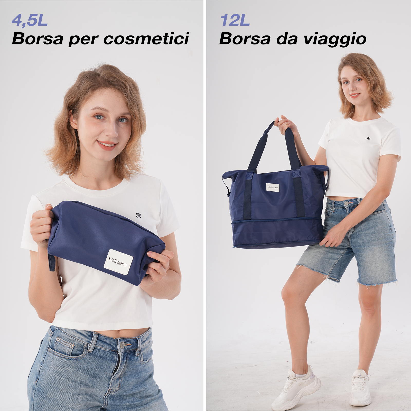 Due donne tengono in mano borse blu per cosmetici e da viaggio. Entrambe indossano camicie bianche e jeans. Il testo dice '4,5L' e '12L'.