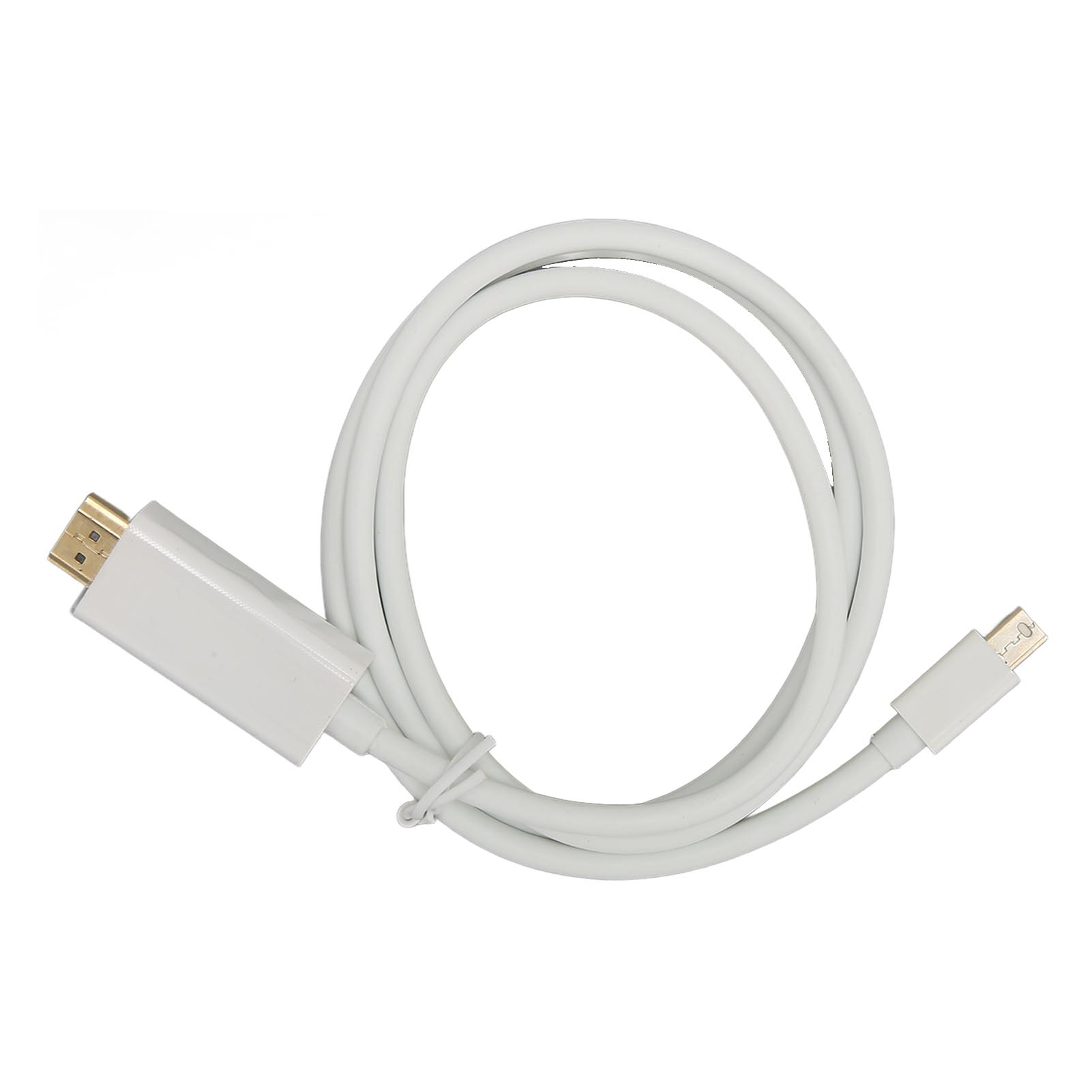 Ein weißes HDMI-zu-Micro-USB-Kabel ist auf einer weißen Oberfläche aufgerollt. Die Anschlüsse sind an beiden Enden sichtbar.
