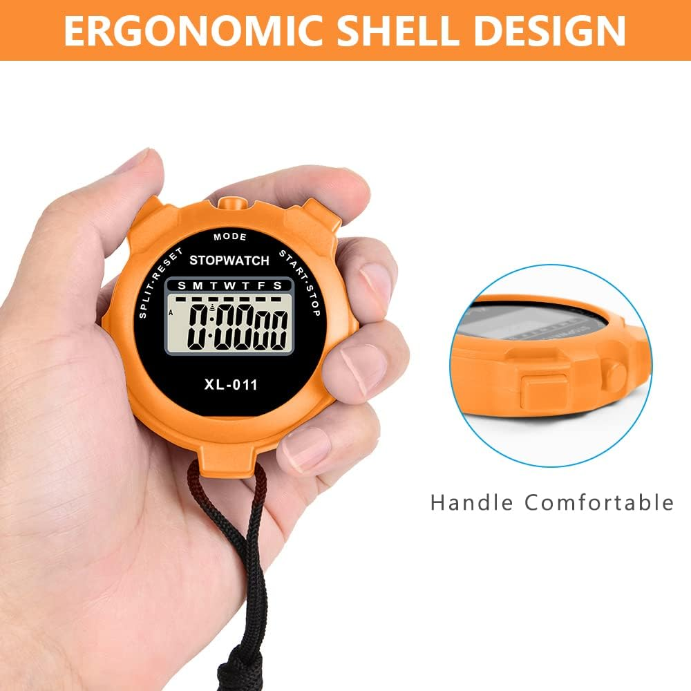 Hand hält eine orangefarbene Stoppuhr. Die Stoppuhr zeigt 0:0000 an. Text lautet 'ERGONOMIC SHELL DESIGN' und 'Handle Comfortable'.