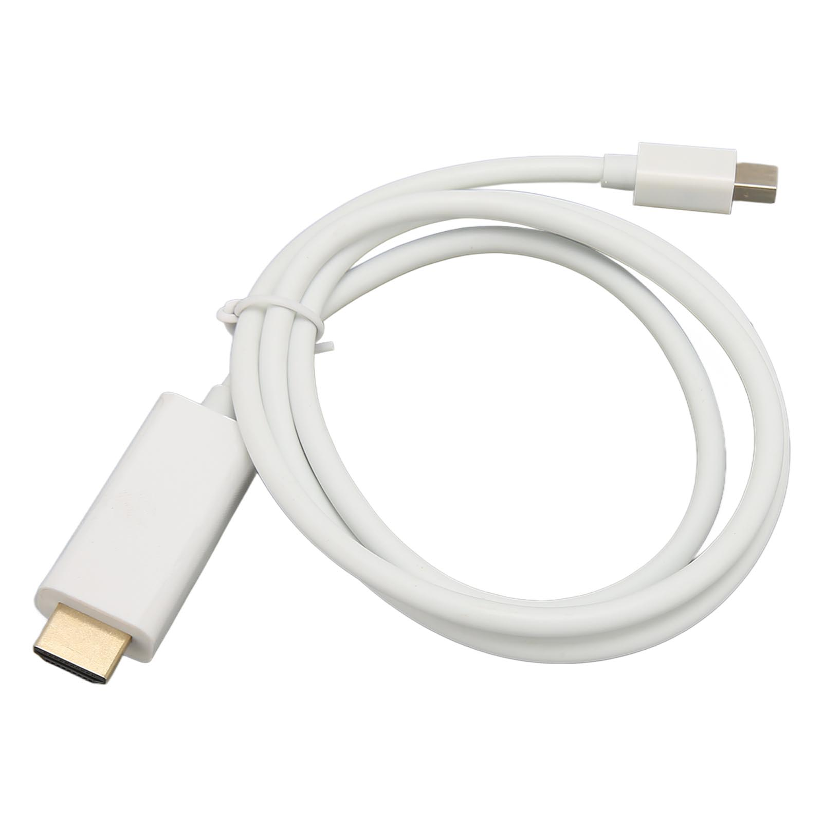 Weißes USB-C-Kabel auf weißem Hintergrund. Ein Ende ist ein USB-C-Stecker und das andere ein HDMI-Stecker. Das Kabel ist aufgerollt.