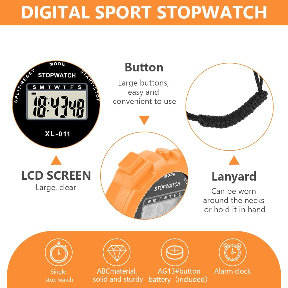 Orange digitale Stoppuhr mit schwarzem Schlüsselband. Zu den Merkmalen gehören große Tasten, LCD-Bildschirm und eine Stoppuhrfunktion.