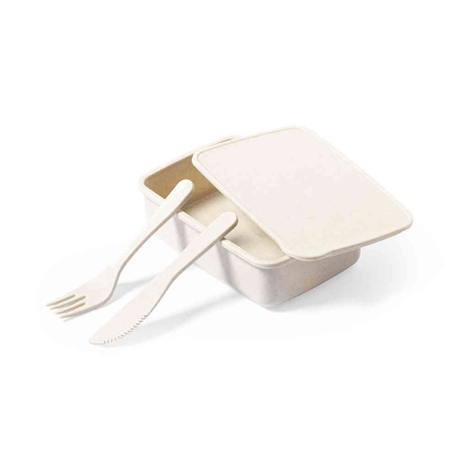 Una fiambrera beige con la tapa abierta, un tenedor y un cuchillo sobre un fondo blanco.
