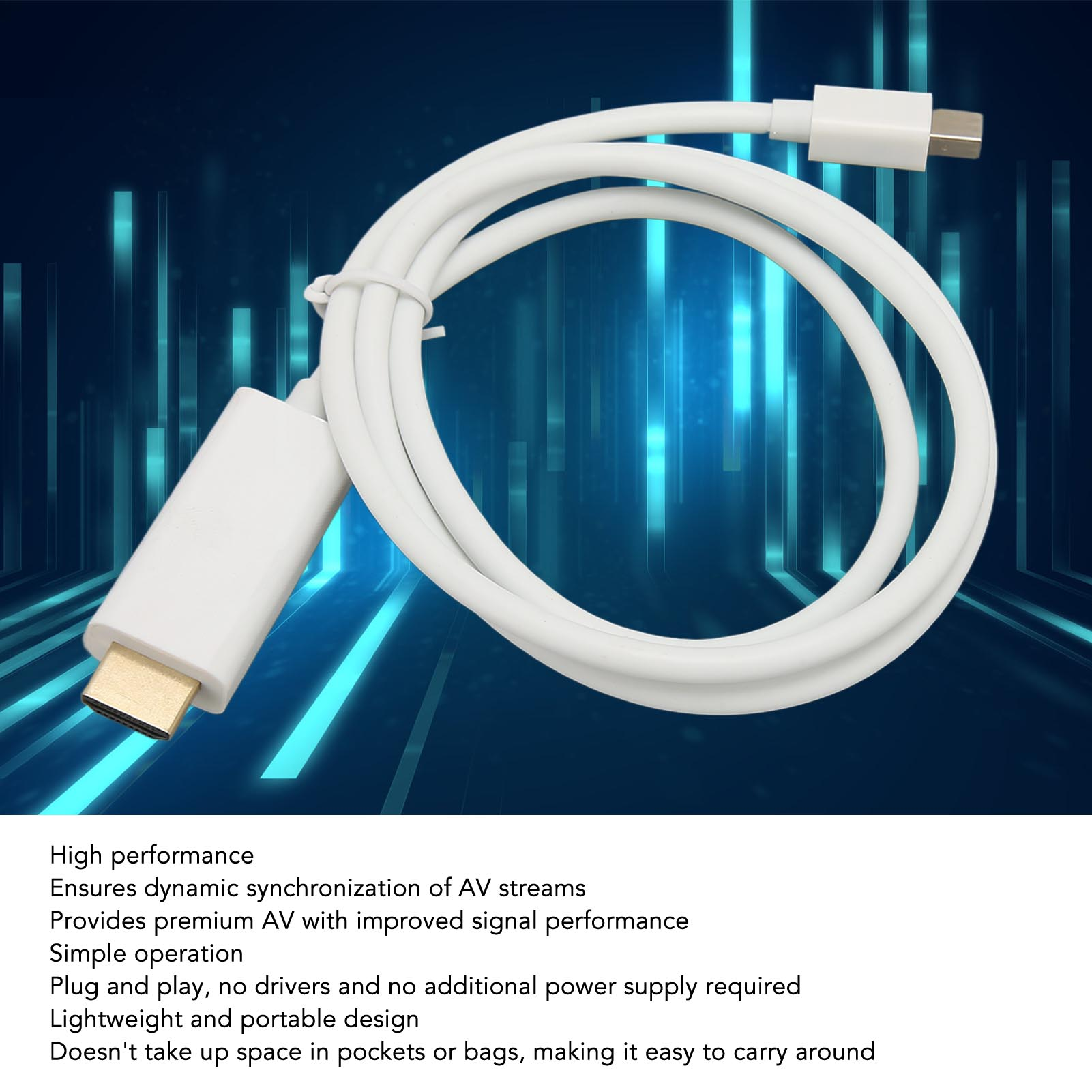 Ein weißes Kabel mit Anschlüssen an beiden Enden. Es hat einen blauen Hintergrund mit Lichtstreifen.