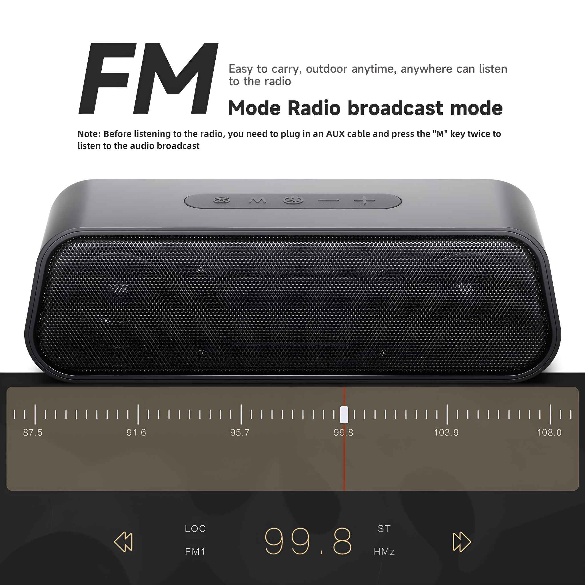 Schwarzer Funklautsprecher mit FM-Anzeige. Zeigt die Frequenz 99,8. Text lautet 'Mode Radio Broadcast Mode'.