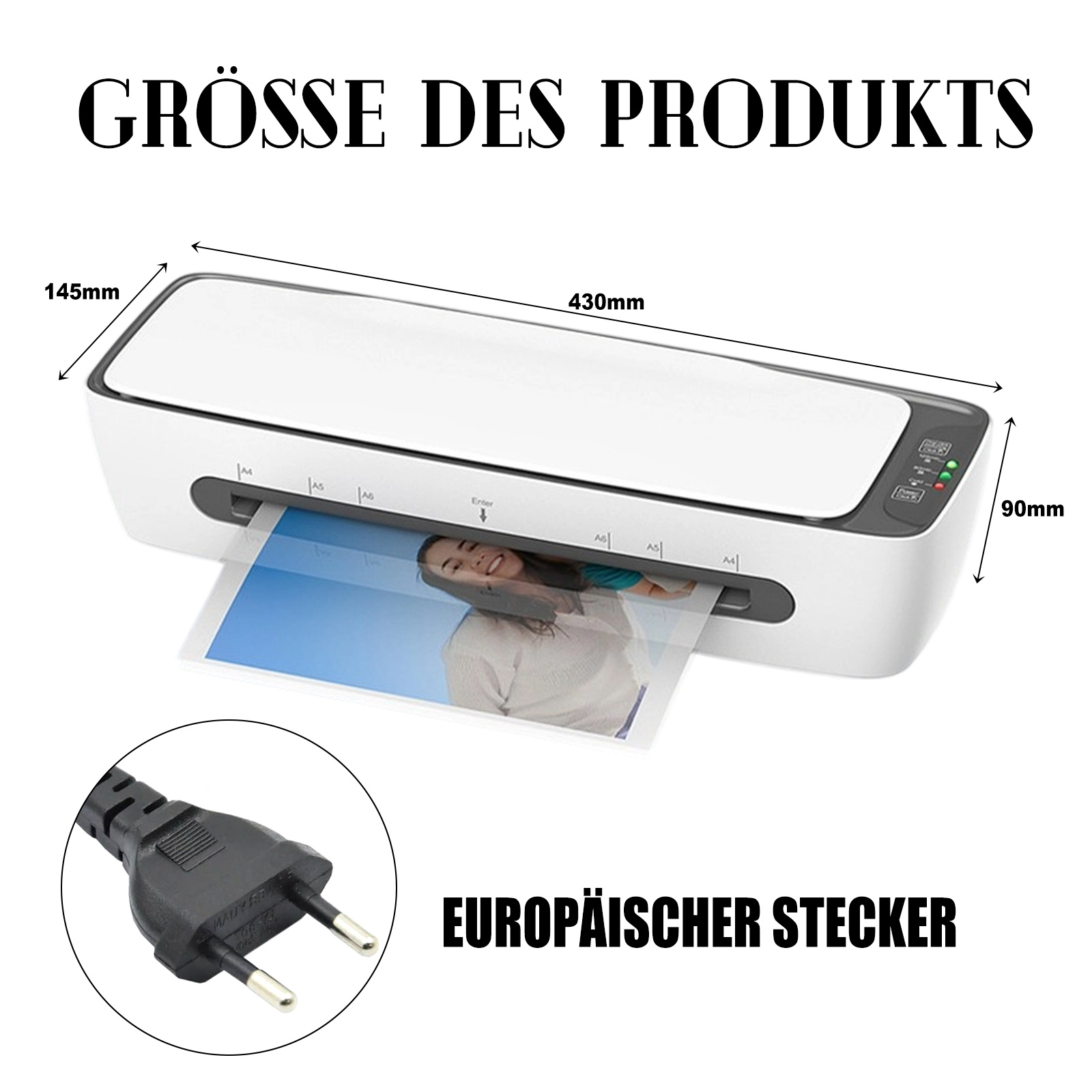 Ein weißes Laminiergerät mit Maßen. Ein Foto wird laminiert. Ein europäischer Stecker ist unten im Kreis.