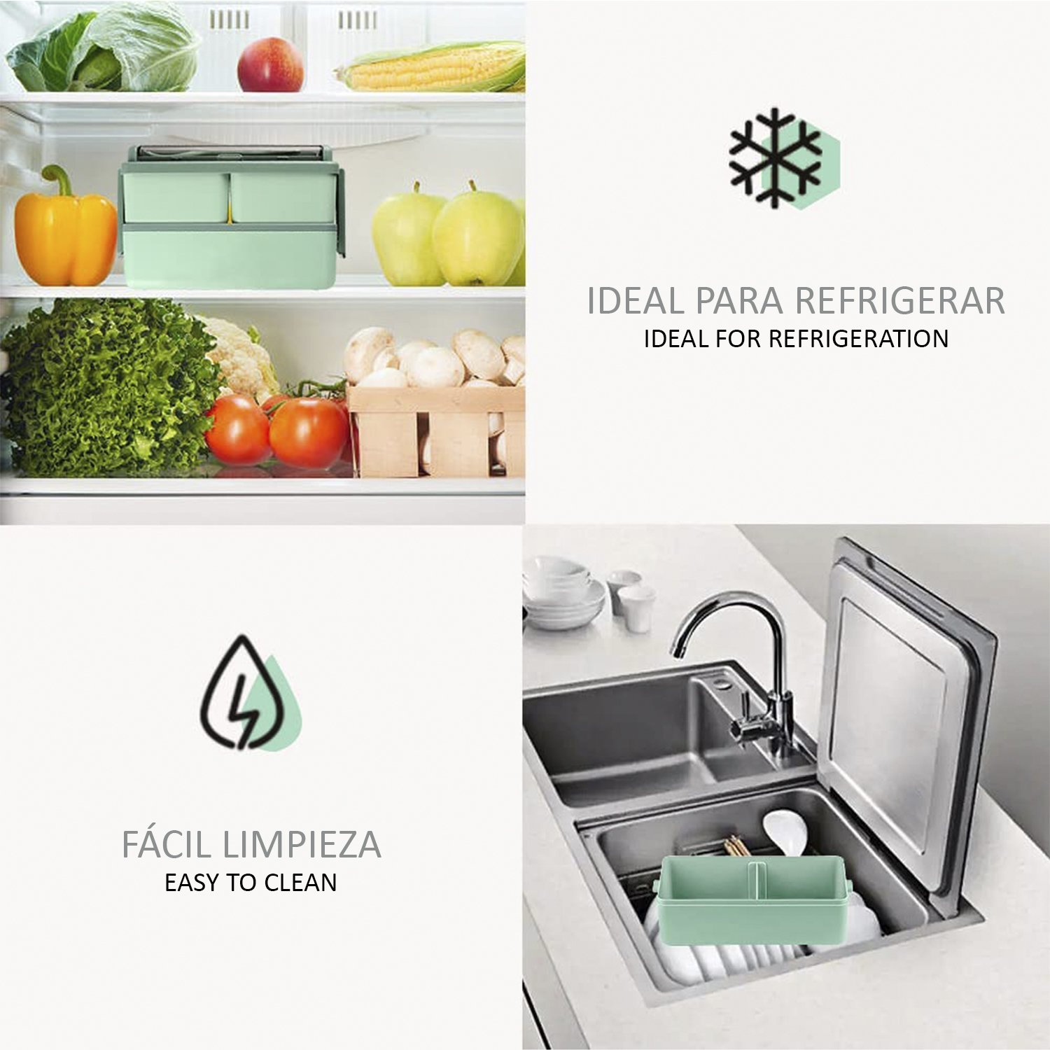 Nevera con verduras y fiambrera. Fregadero con fiambrera. Textos: Ideal para refrigerar, Fácil de limpiar.