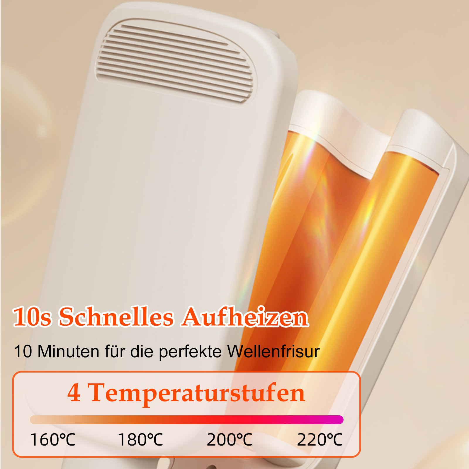 Ein weißer Lockenstab mit orangefarbenen Heizelementen. Text zeigt schnelles Aufheizen und Temperatureinstellungen von 160°C bis 220°C.