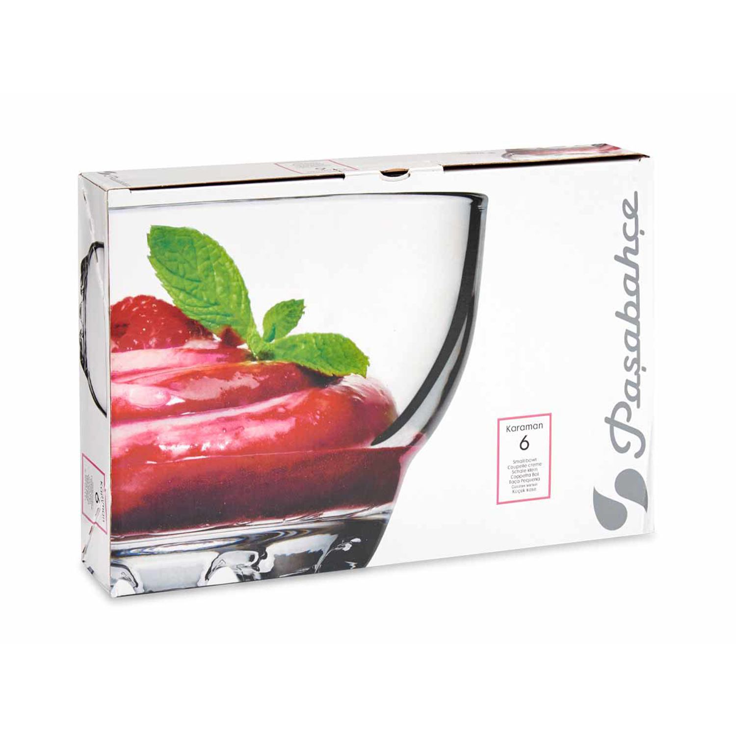 Scatola che mostra un dessert in un bicchiere. Il dessert ha crema rossa, una foglia di menta e fragole. La scatola ha il logo del marchio.
