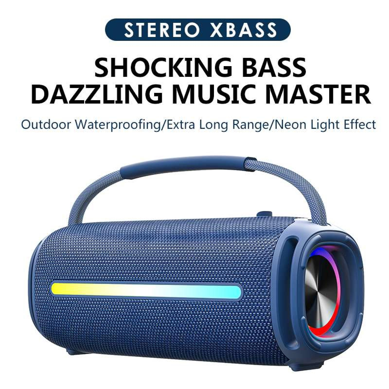 Blauer Lautsprecher mit Griff und Neonlichtern. Der Text lautet 'Shocking Bass' und 'Dazzling Music Master'.