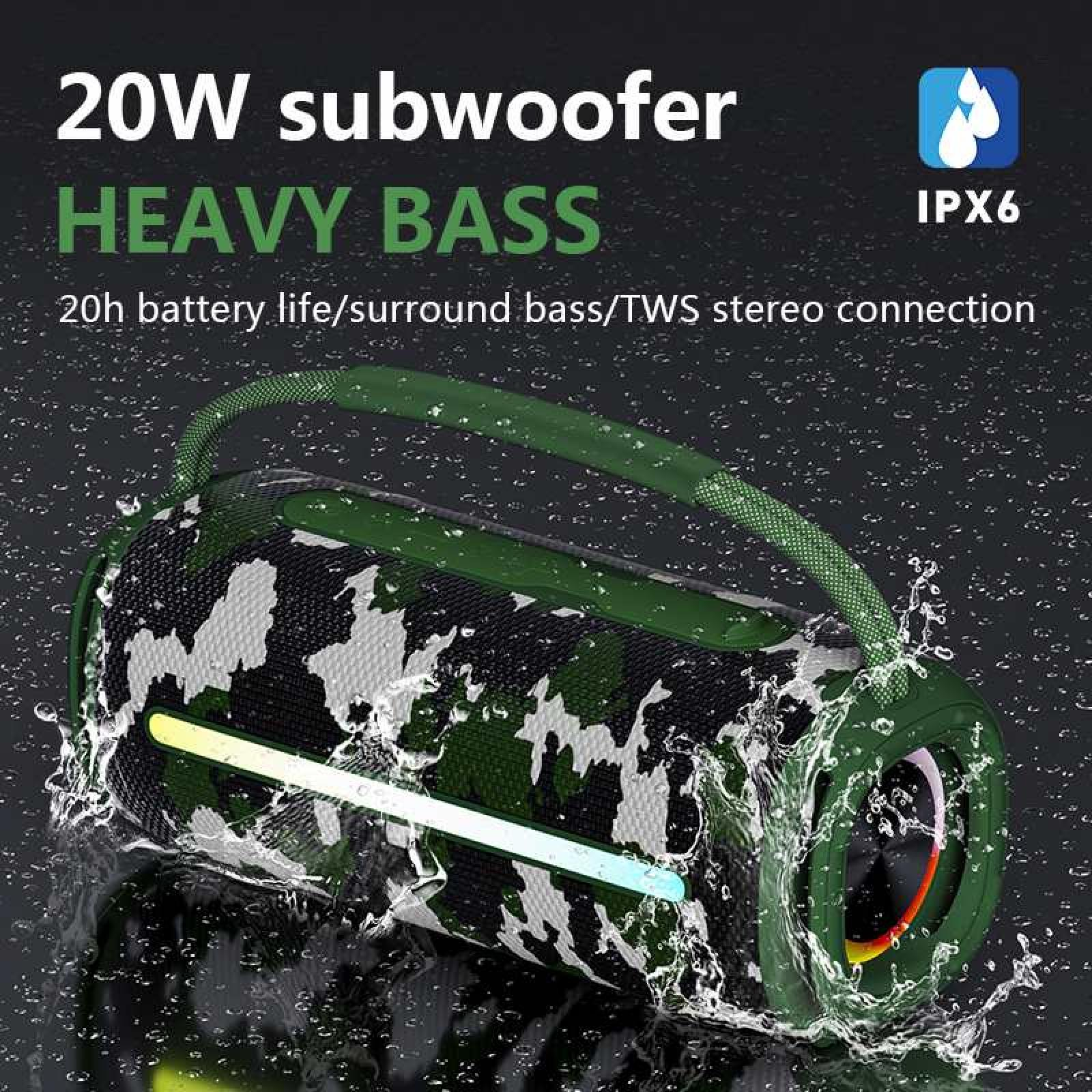 Ein getarnter Subwoofer mit Wasserspritzern. Er hat einen Griff. Text: 20W Subwoofer, Heavy Bass, 20h Akku, IPX6.