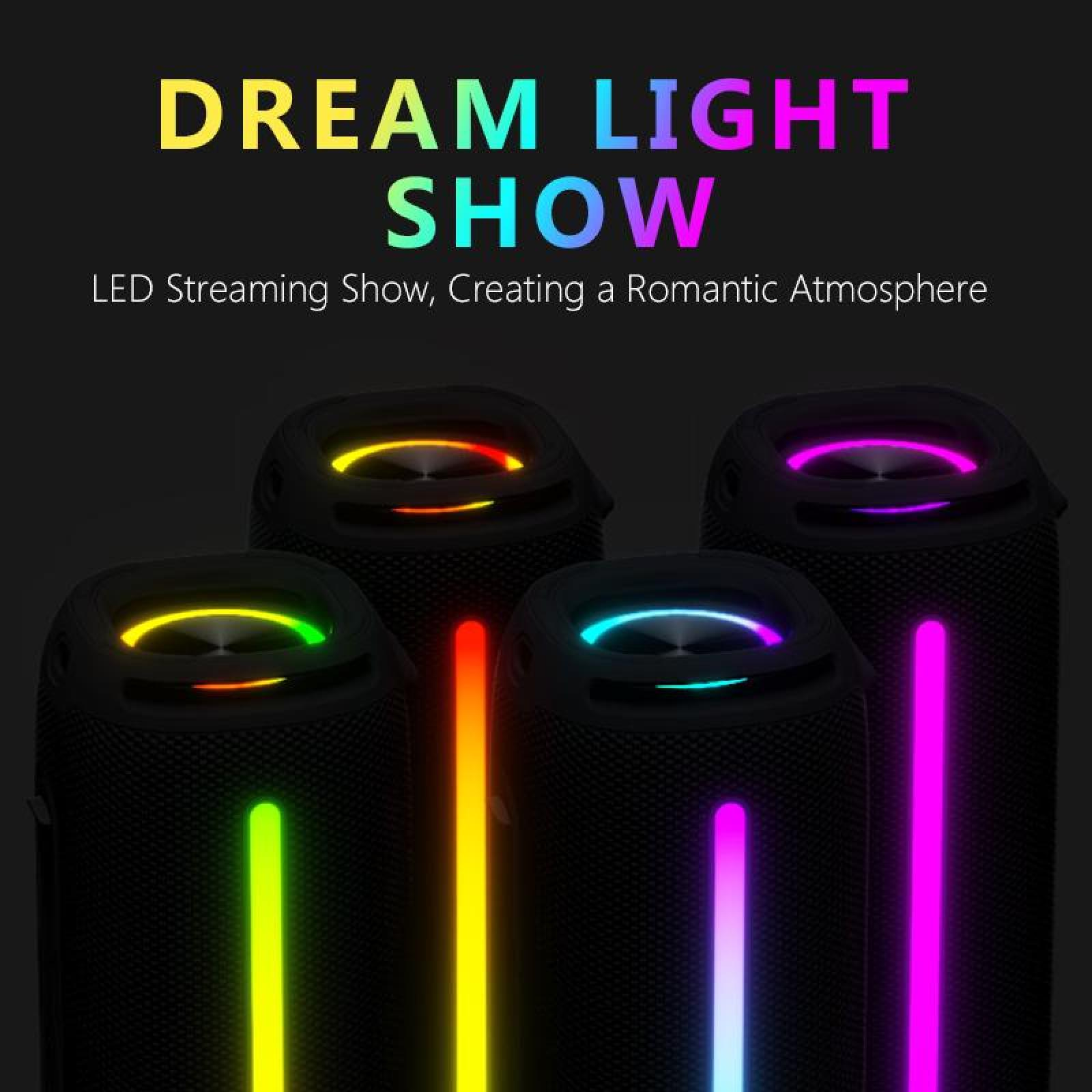Vier Lautsprecher mit bunten Lichtern. Der Text oben lautet 'DREAM LIGHT SHOW'. LED-Streaming-Show, die eine romantische Atmosphäre schafft.