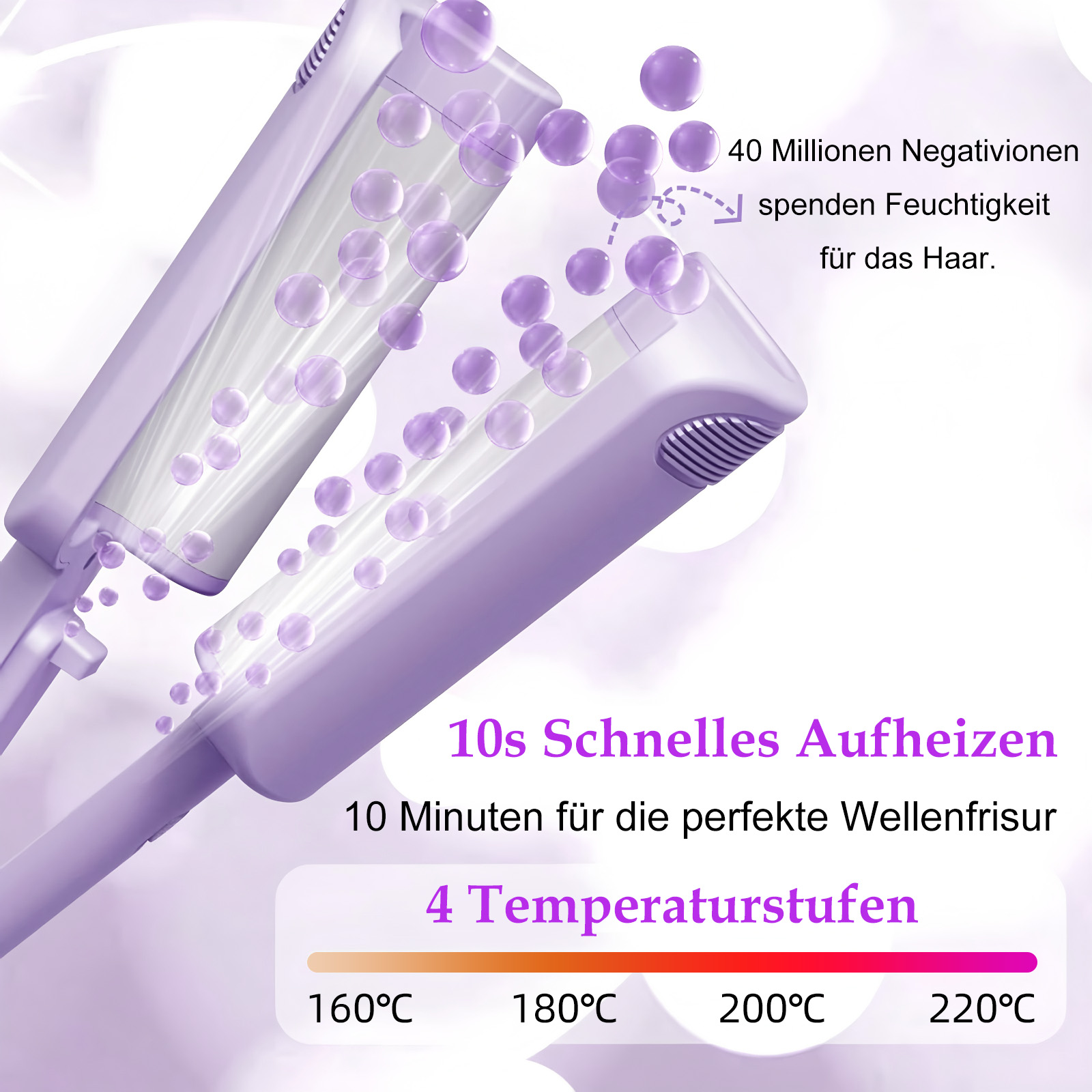 Ein lila Haarglätter mit Text, der Funktionen beschreibt. Blasen schweben um das Gerät. Temperatureinstellungen und schnelles Aufheizen werden hervorgehoben.