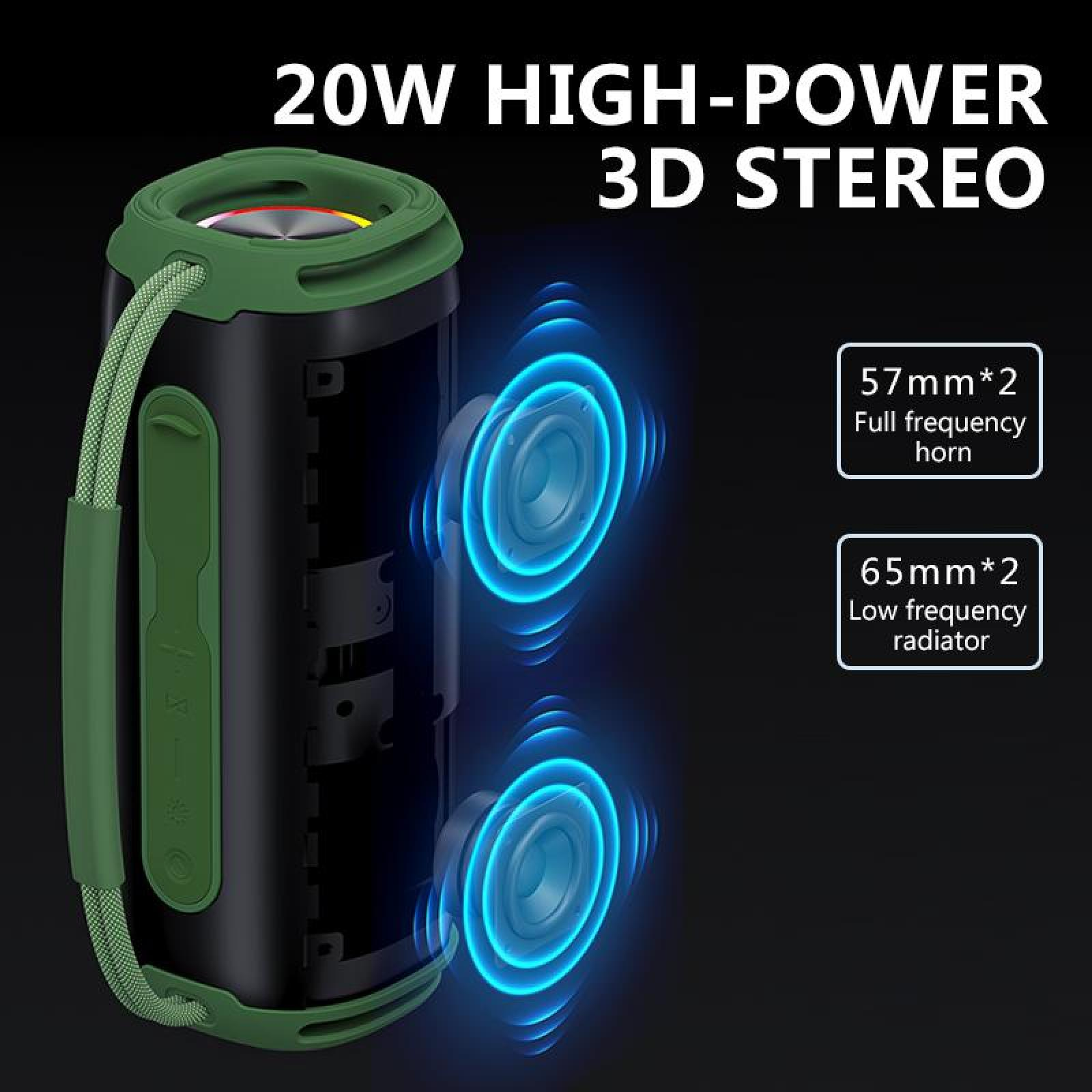 Ein schwarzer und grüner Lautsprecher mit dem Text '20W High-Power 3D Stereo'. Leuchtend blaue Schallwellen gehen vom Lautsprecher aus.