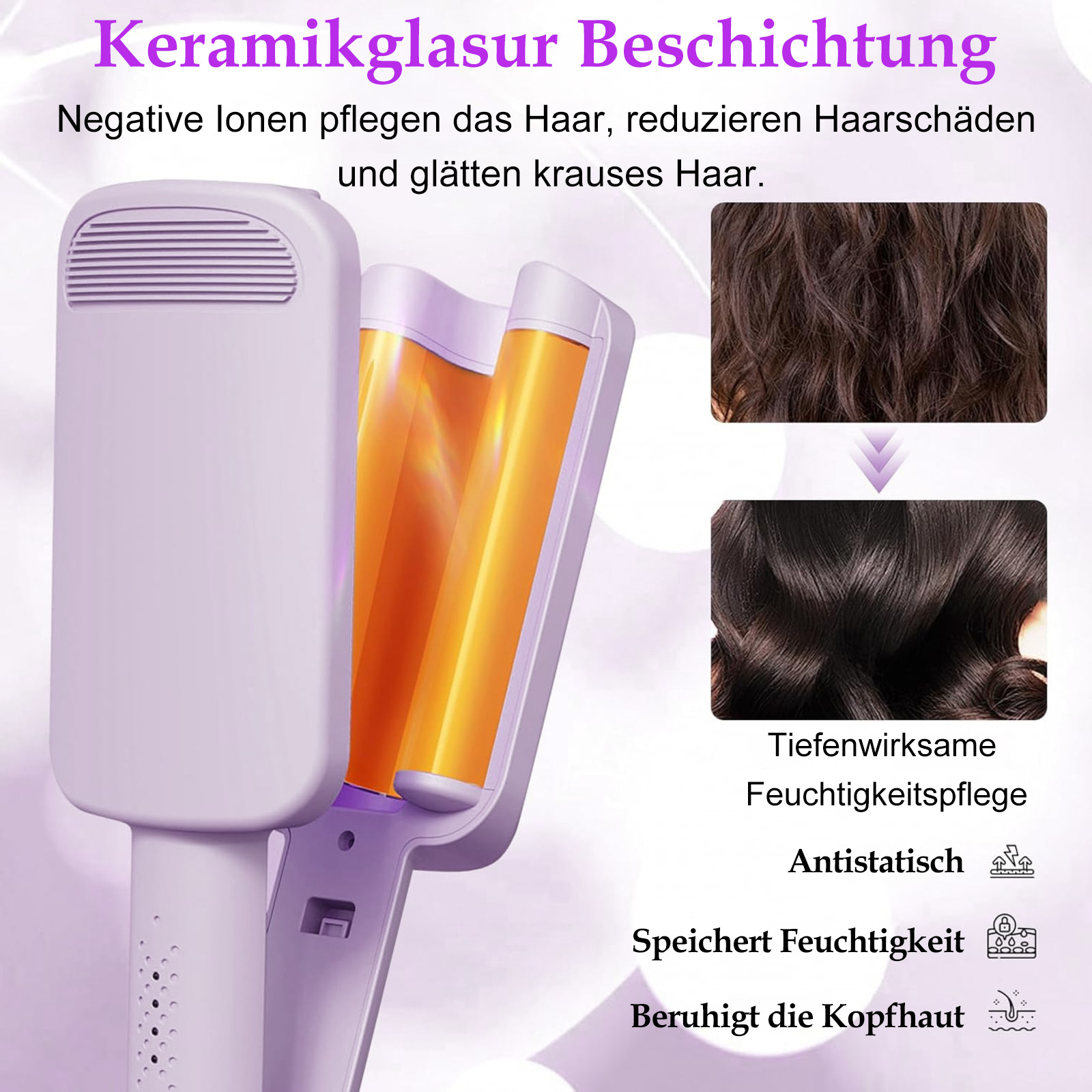 Haarstyling-Werkzeug mit orangefarbenen Platten. Oben zwei Haarbilder: kraus und glatt. Text hebt Vorteile hervor.