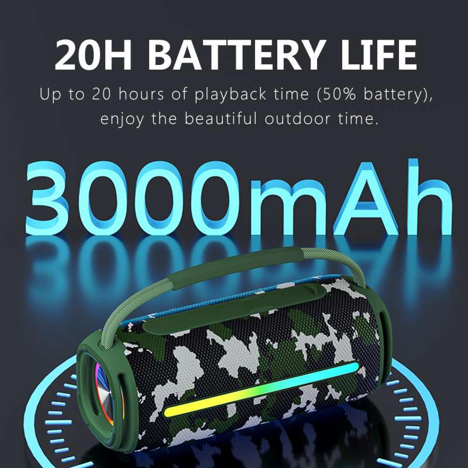 Ein Camouflage-Lautsprecher mit grünem Griff. Text: 20H Akkulaufzeit und 3000mAh.