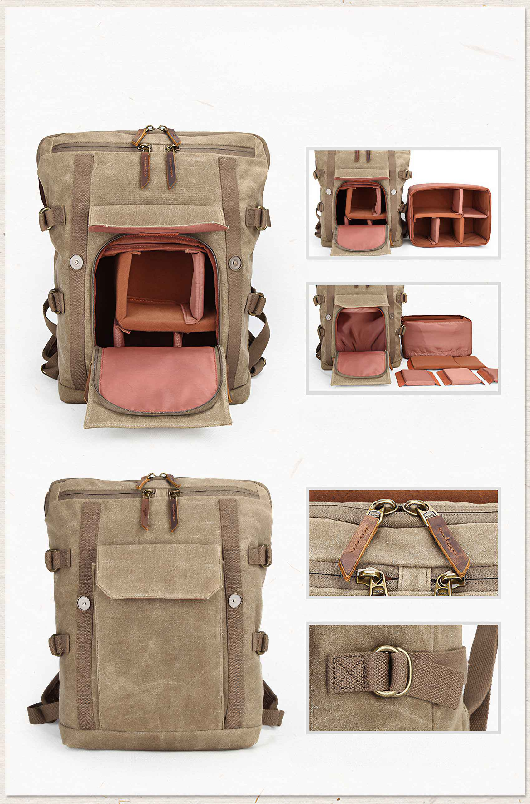 Ein kameragrüner Rucksack aus Segeltuch wird gezeigt. Details sind Reißverschlüsse, Taschen und Innenfächer. Zusätzliche Bilder zeigen Details.