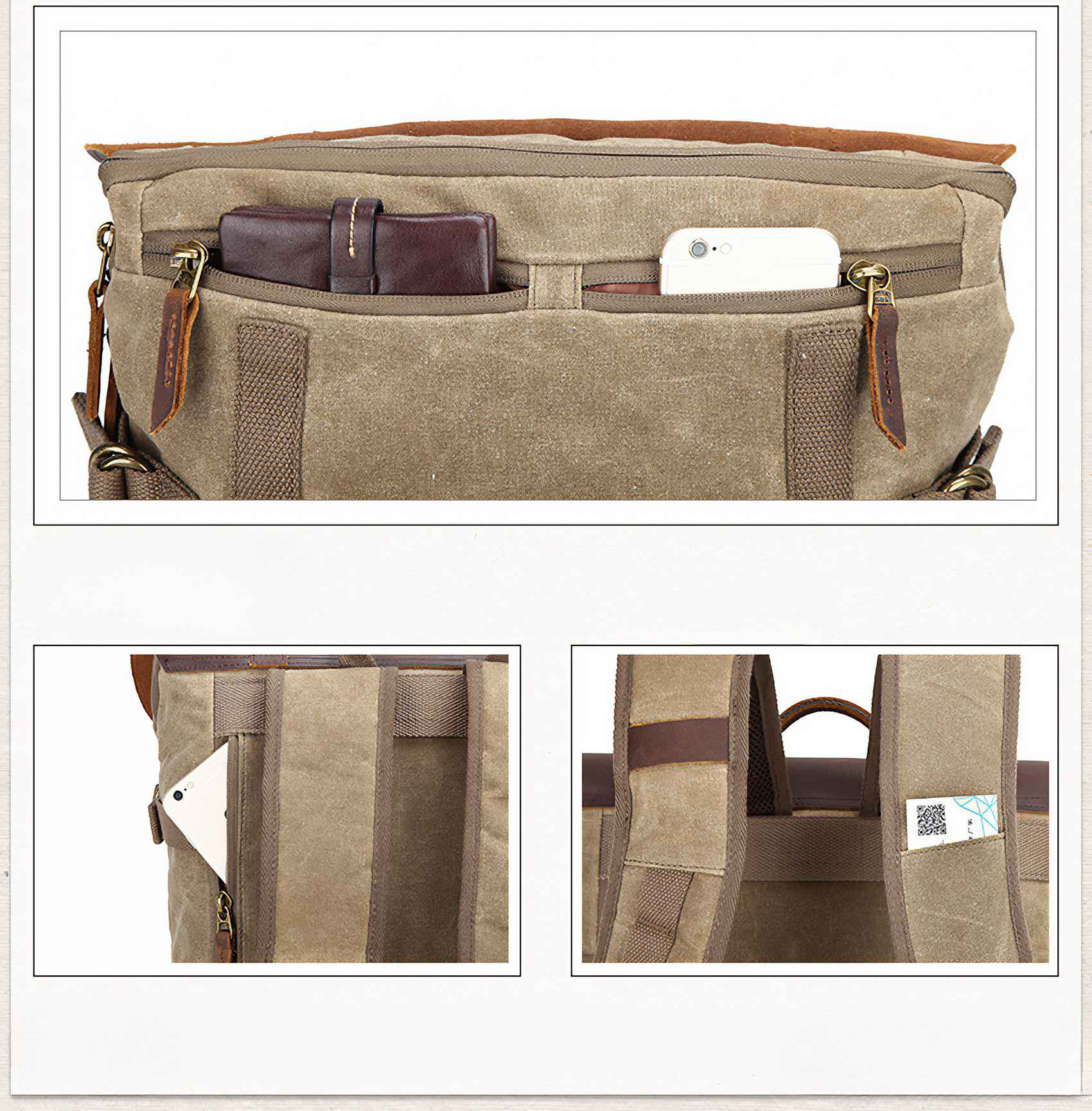 Ein Canvas-Rucksack mit Lederakzenten. Er hat mehrere Taschen, eine mit einem Telefon und eine mit Geldbörsen.
