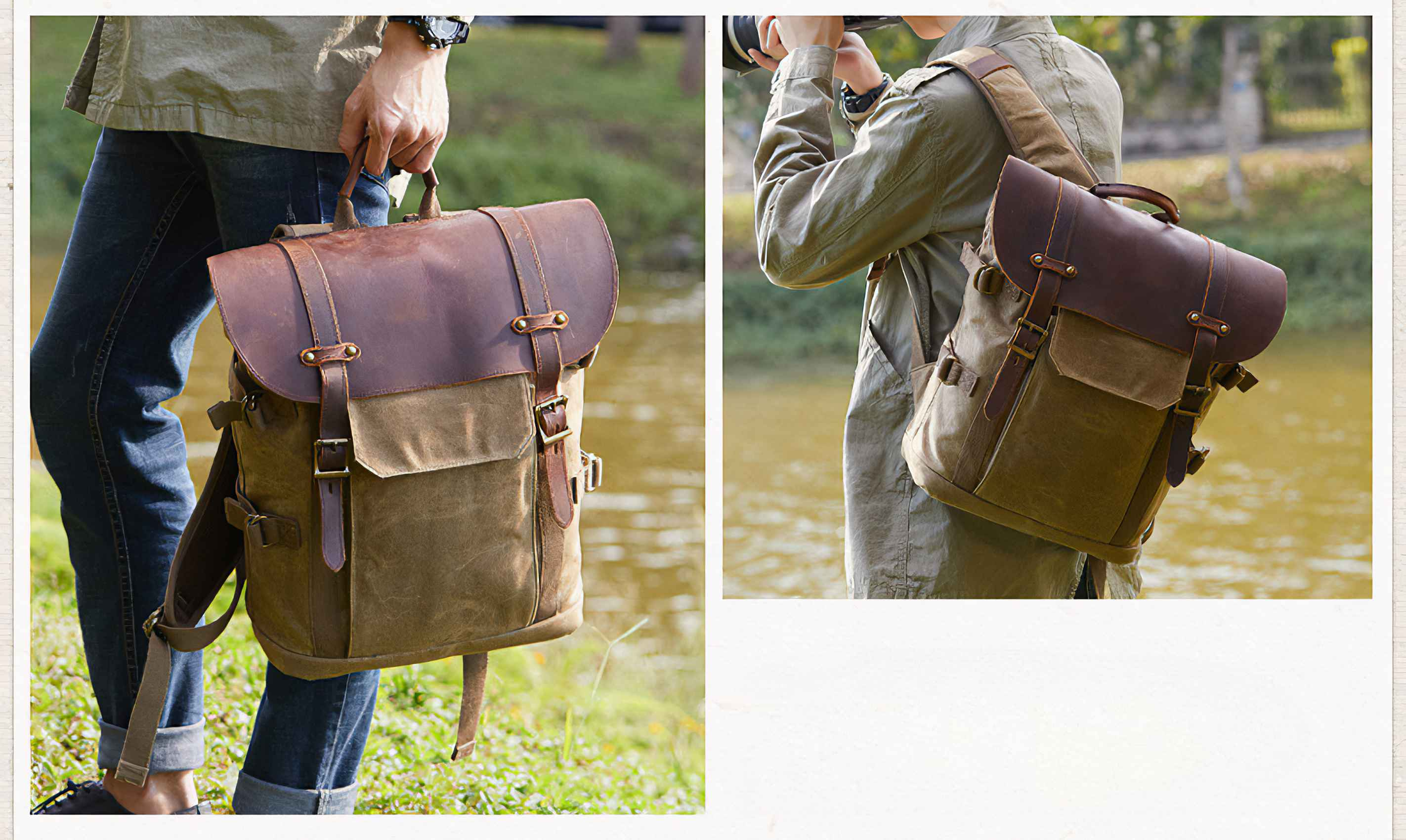 Zwei Personen mit Rucksäcken. Die Rucksäcke sind aus braunem Leder und Segeltuch. Eine Person hält die Tasche, die andere macht ein Foto.