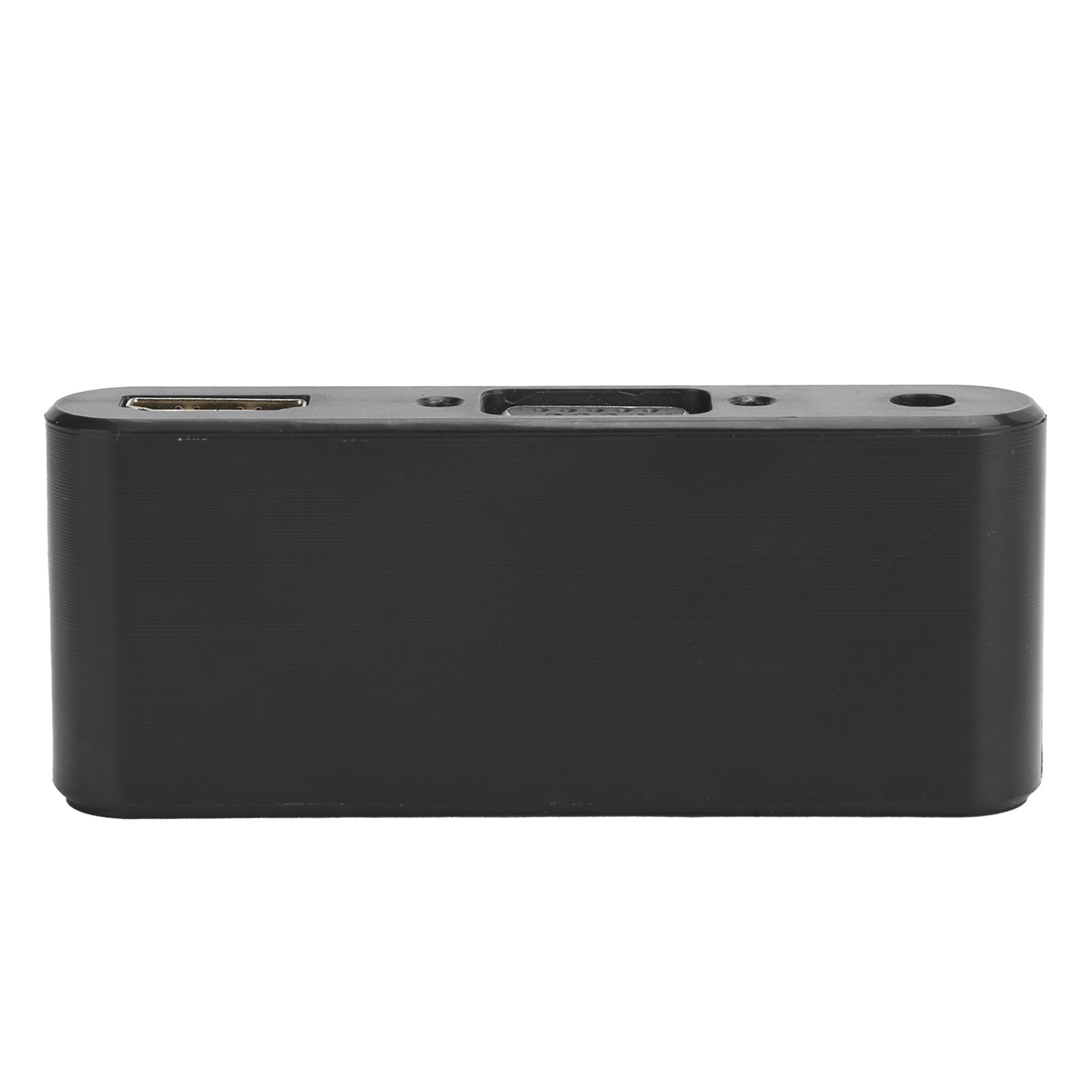 Ein schwarzes rechteckiges Gerät mit Anschlüssen für USB, SD-Karte und andere Anschlüsse auf weißem Hintergrund.