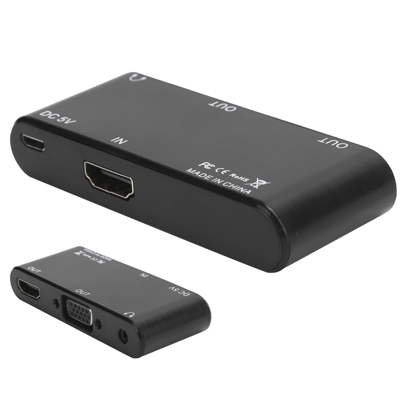 Zwei schwarze HDMI-Konverter auf weißem Hintergrund. Einer ist größer, der andere kleiner, mit verschiedenen Anschlüssen.