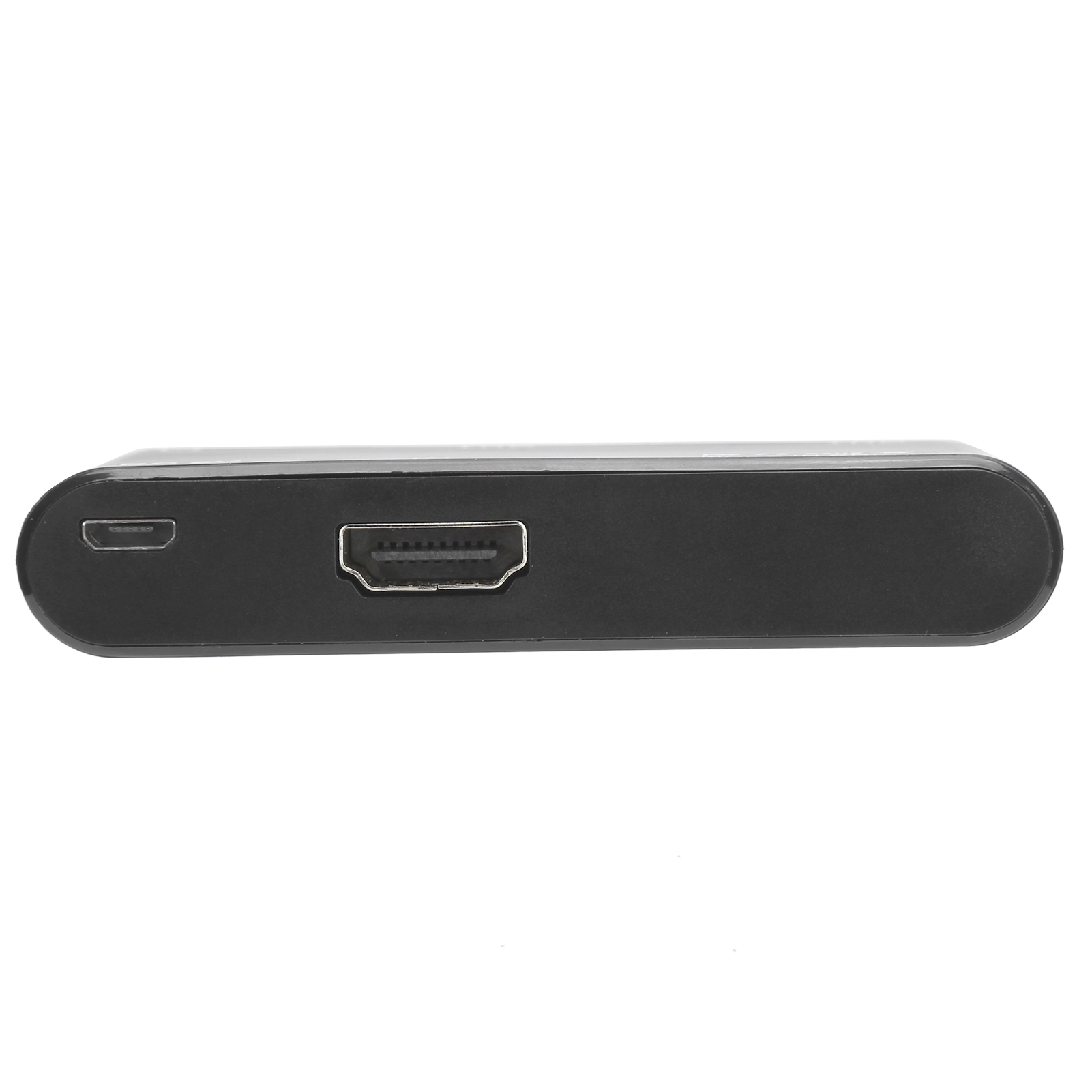 Schwarzes rechteckiges Gerät mit HDMI und einem anderen Anschluss. Weißer Hintergrund.