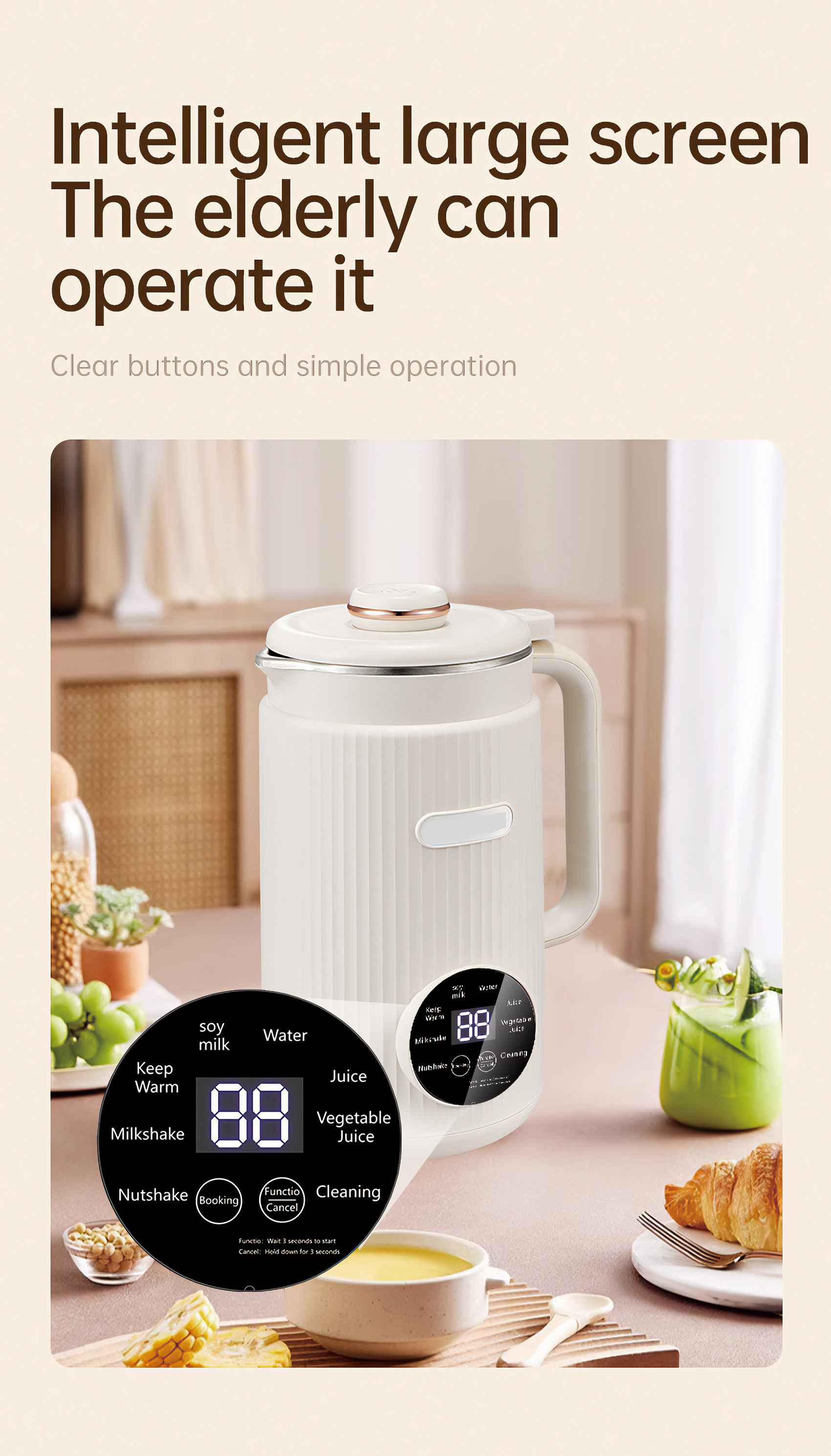Weißer elektrischer Wasserkocher mit Digitalanzeige. Verschiedene Lebensmittel drumherum: Trauben, Suppe, Croissant. Text: "Intelligenter Großbildschirm".