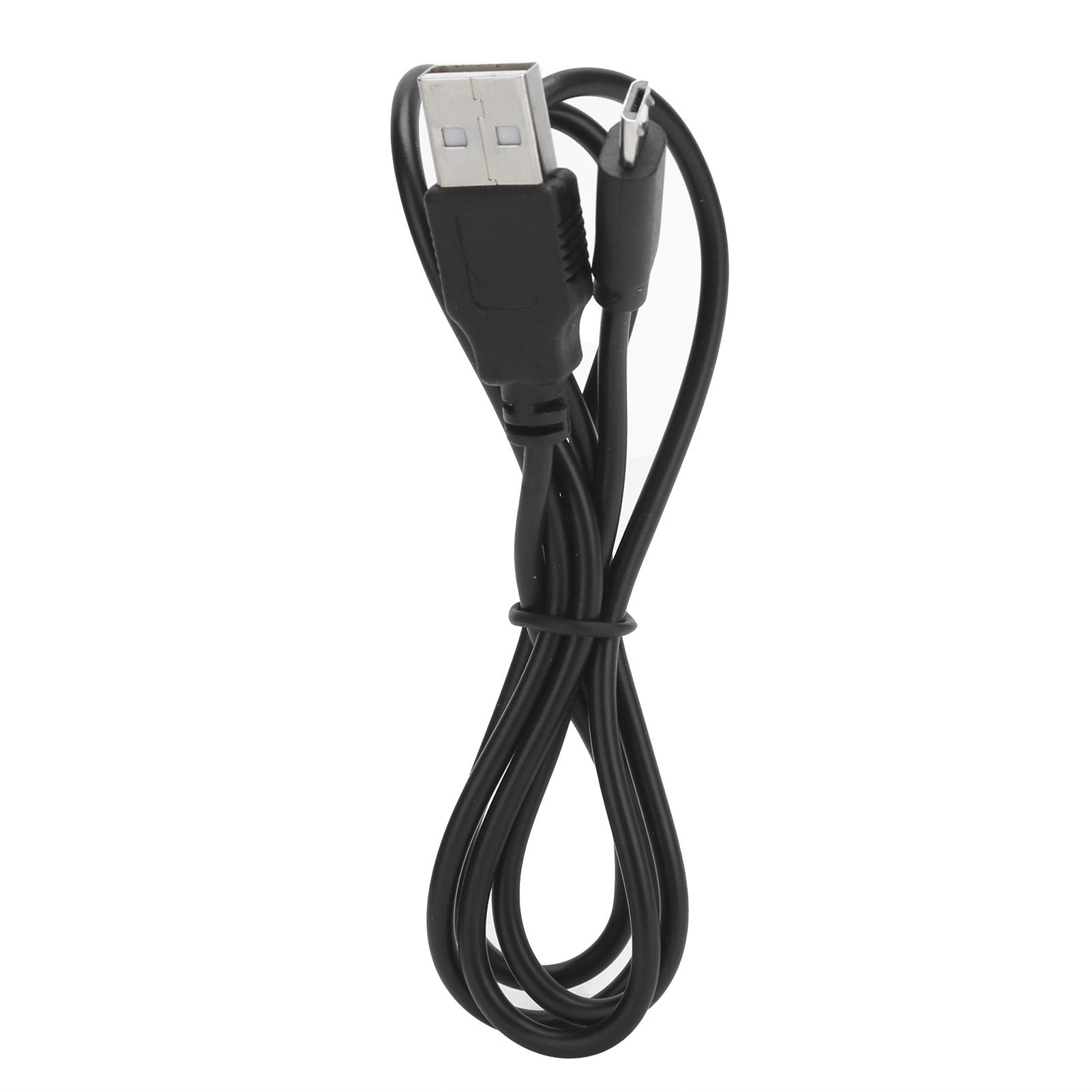 Ein schwarzes USB-Ladekabel mit USB-A- und Micro-USB-Anschluss, aufgerollt, vor weißem Hintergrund.