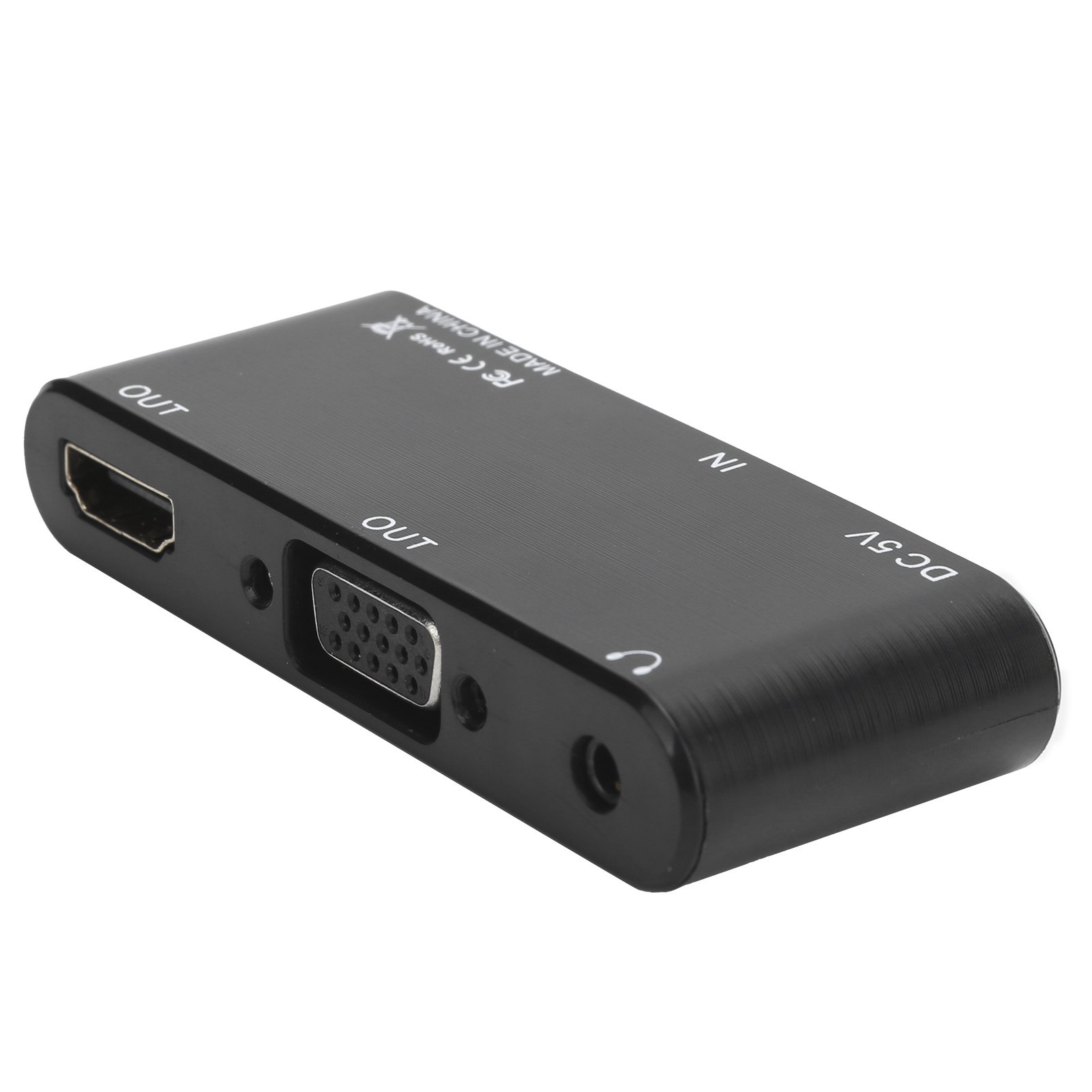 Schwarzer HDMI-zu-VGA-Adapter. Er hat Anschlüsse für HDMI, VGA, Audio und DC 5V mit den Bezeichnungen 'OUT', 'IN' und Kopfhörersymbol.