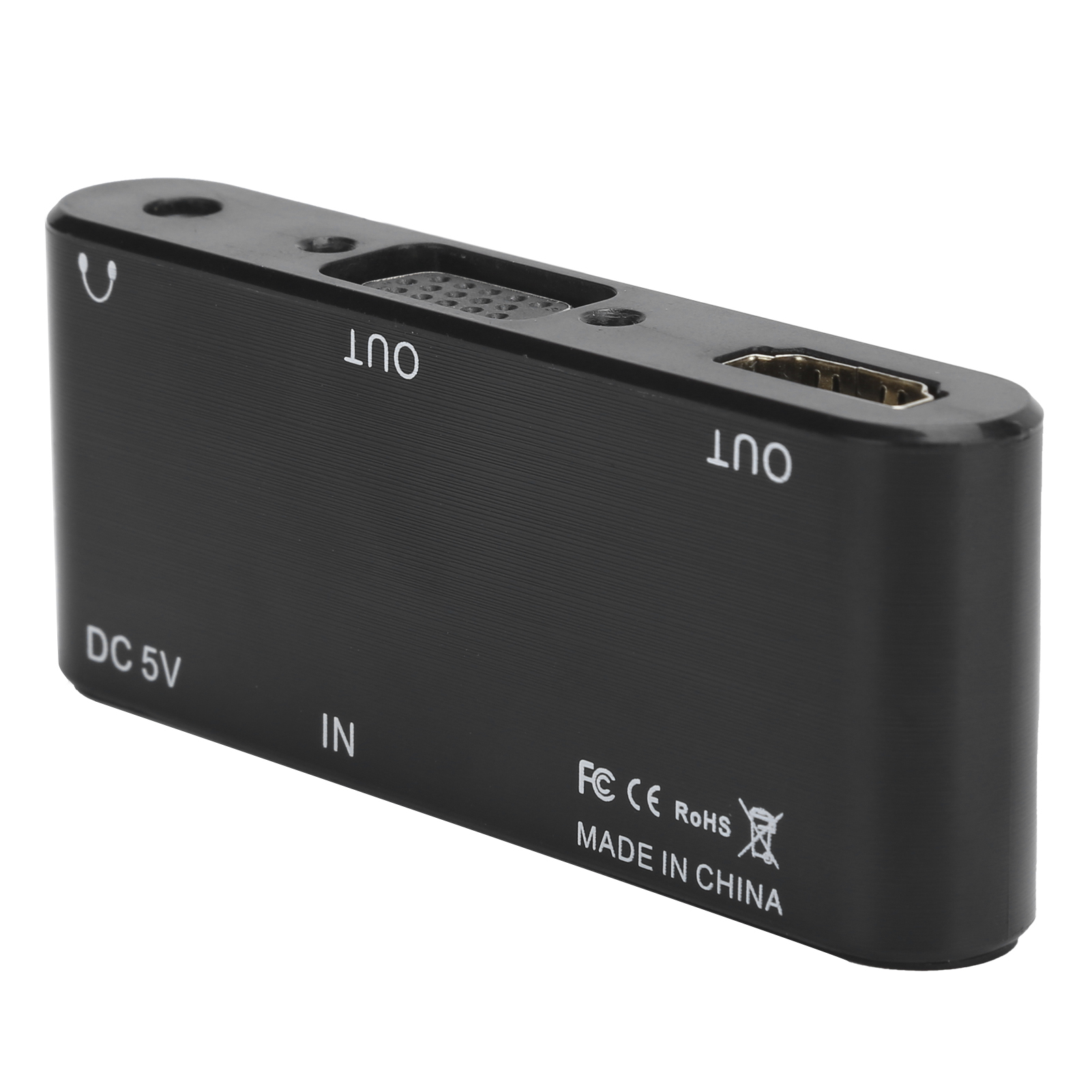 Schwarzes elektronisches Gerät mit mehreren Anschlüssen, beschriftet mit IN, OUT und DC 5V. Text: FC CE RoHS, Made in China.