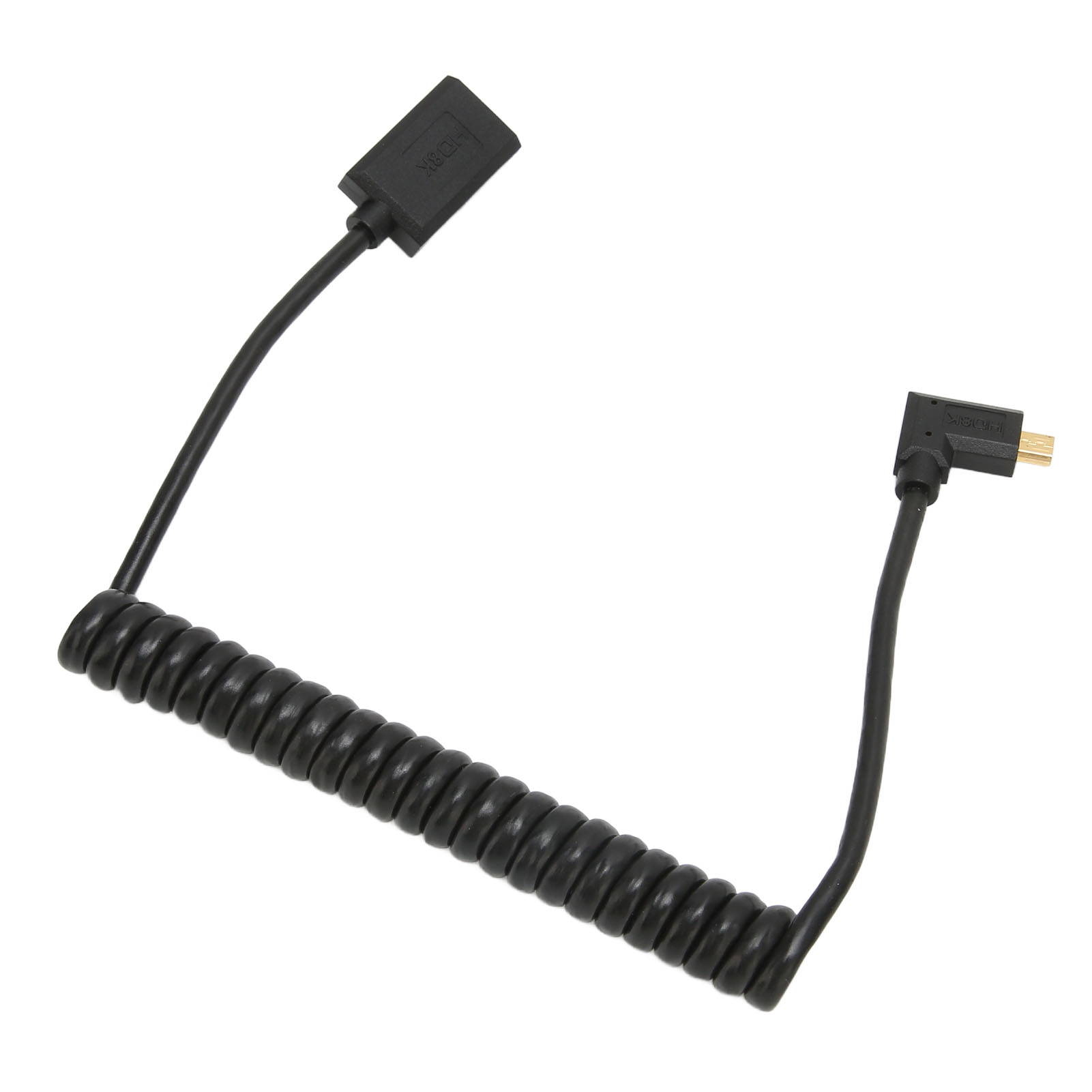 Schwarzes HD-Kabel mit Anschlüssen und gewendeltem Abschnitt. Es liegt auf weißem Grund. Ein Ende ist ein Rechteck.