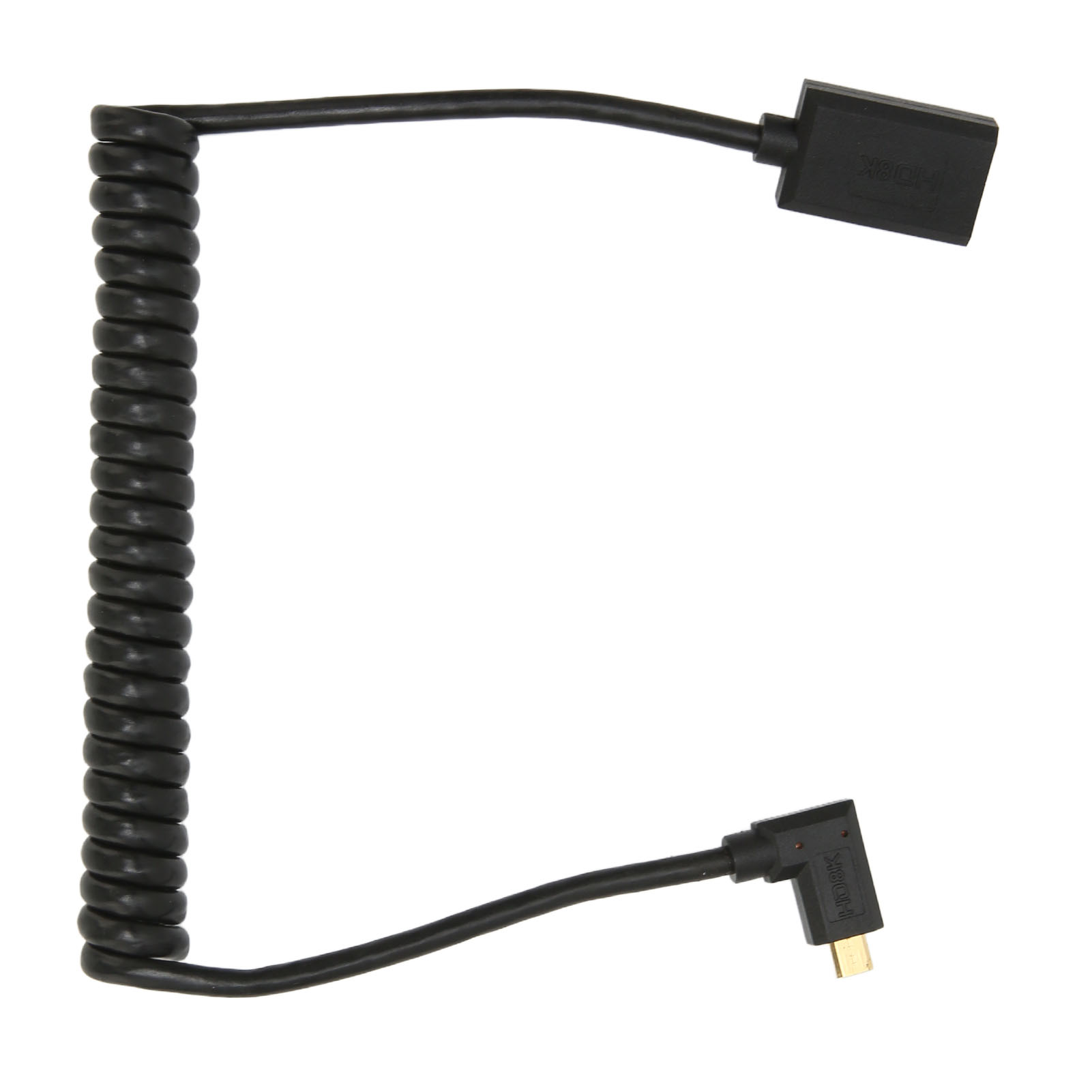 Ein schwarzes Spiralkabel mit Anschlüssen. Ein Ende ist ein rechteckiger Block mit 'HD8K'. Das andere ist ein abgewinkelter Stecker.