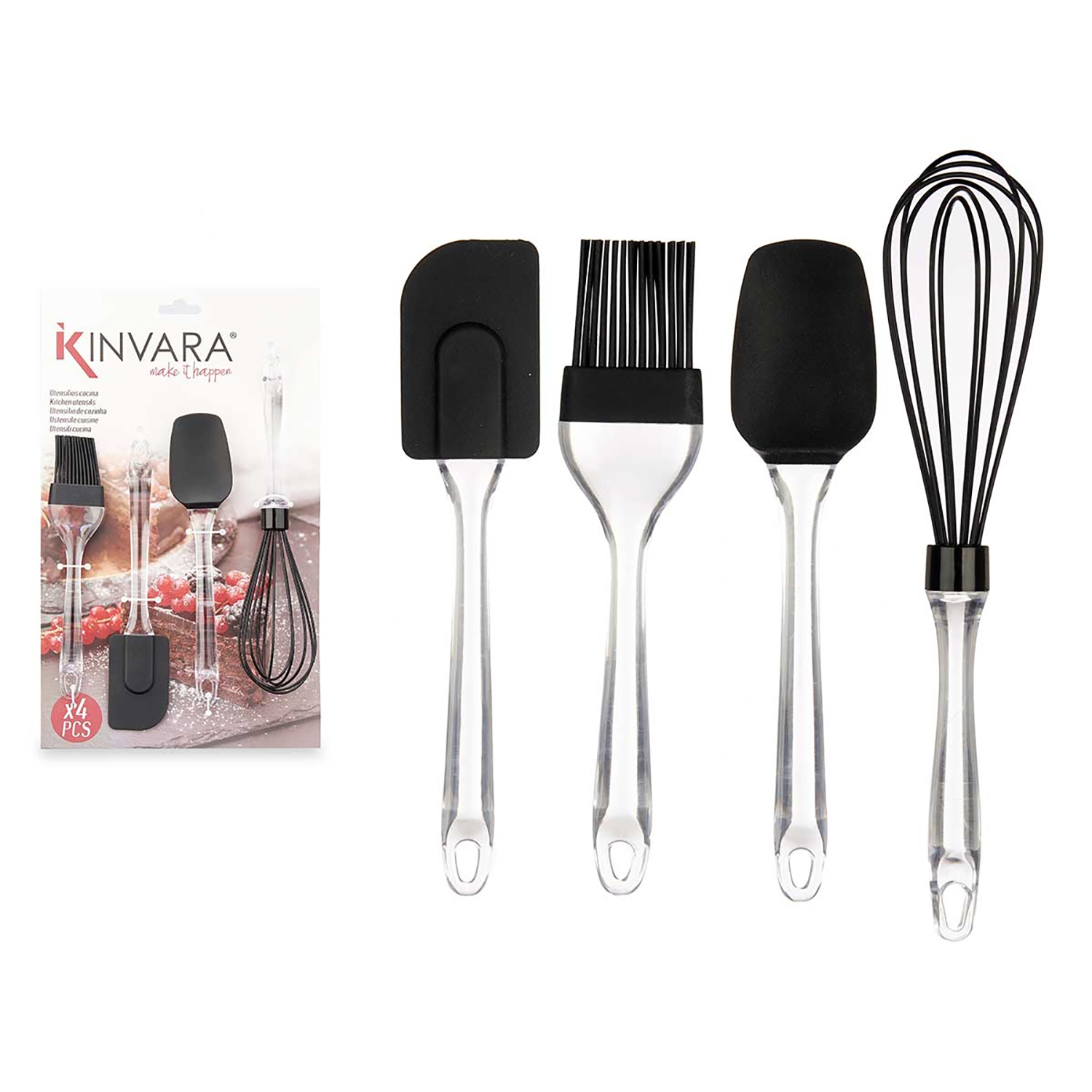 Un set di quattro utensili da cucina: una spatola, un pennello, un'altra spatola e una frusta. Tutti hanno manici trasparenti e parti superiori nere.